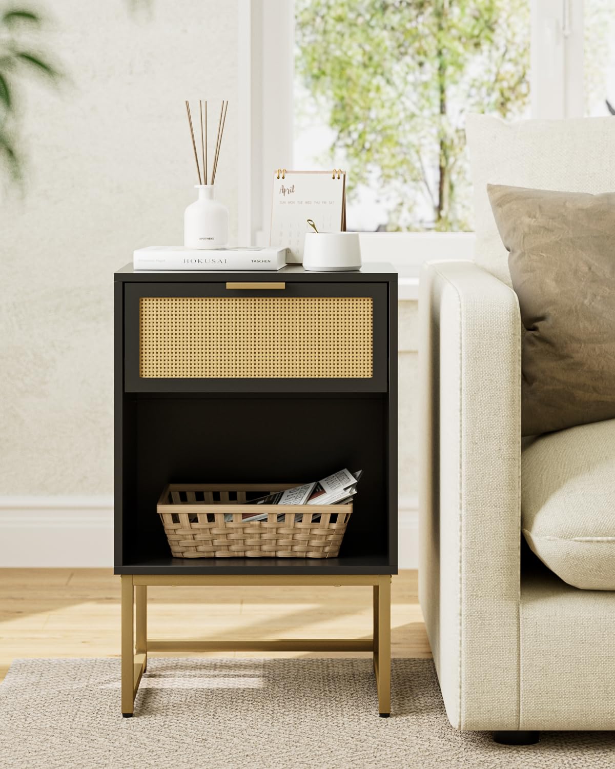 Masupu Rattan Nightstand,Modern Night Stand Boho Farmhouse Wood Bedside Table with Storage Drawer Side End Table for Bedroom, Office,Black