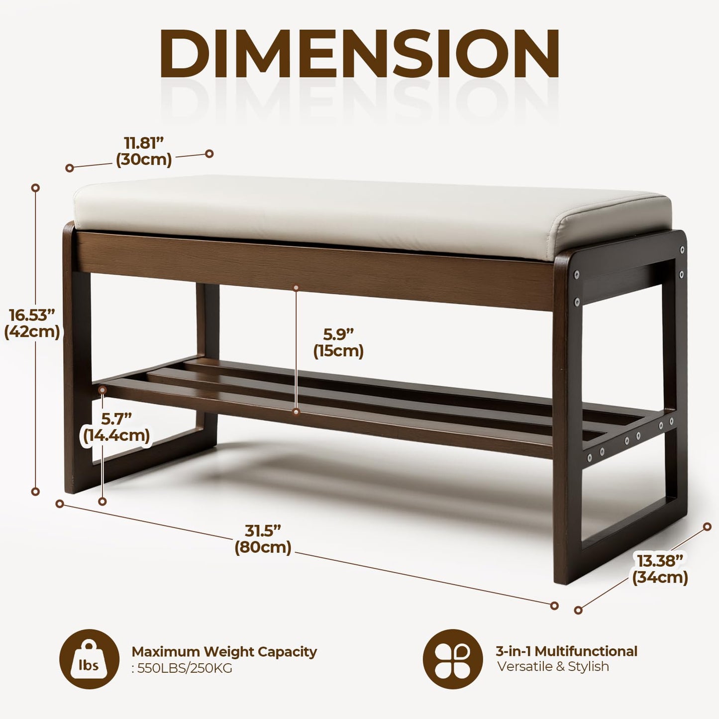 Moutosne Shoe Rack Bench with Cushion, 2-Tier Entryway Bench with Storage for Front Entrance, Hallway Living Room Bedroom (Walnut, 31.5")
