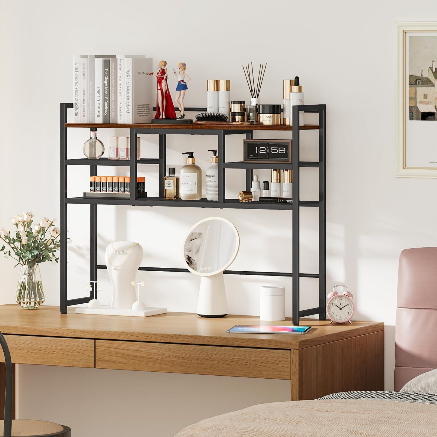 Snughome Desk Shelf, 38.6" Desktop Bookshelf, Desk Hutch Dorm, Countertop Storage Hutch with 5 Shelves for Computer Desk, Multipurpose Wood Desktop Display Organizer Rack for Home Office Dorm