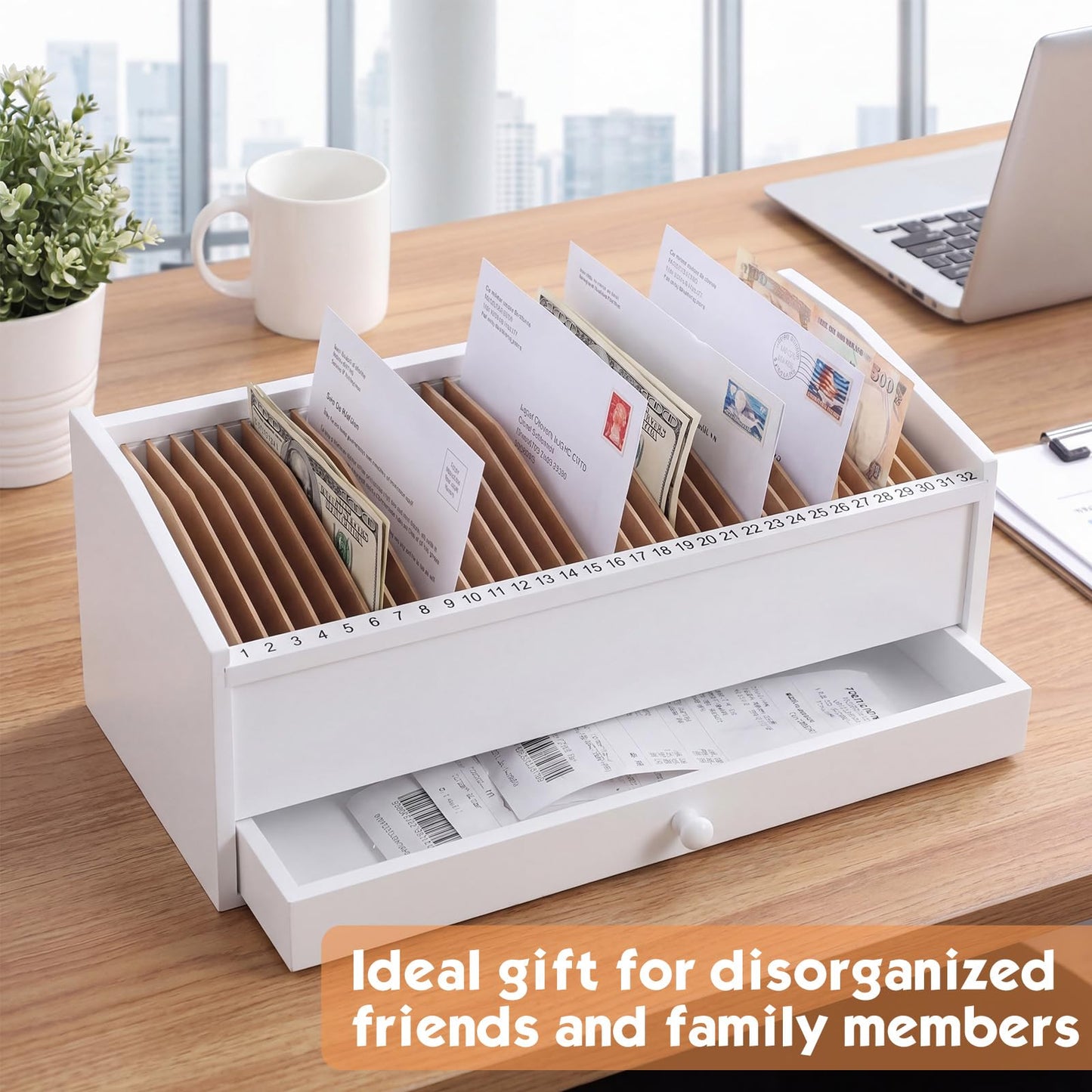 Teecyhooo Wood Desktop Organizer with Drawer, 17 Inch 32 Section Bill & Mail & File Organizer Storage for Office Desk, Desktop Mail Holder and Office Supplies Storage, Letter and Paper Sorter (White)