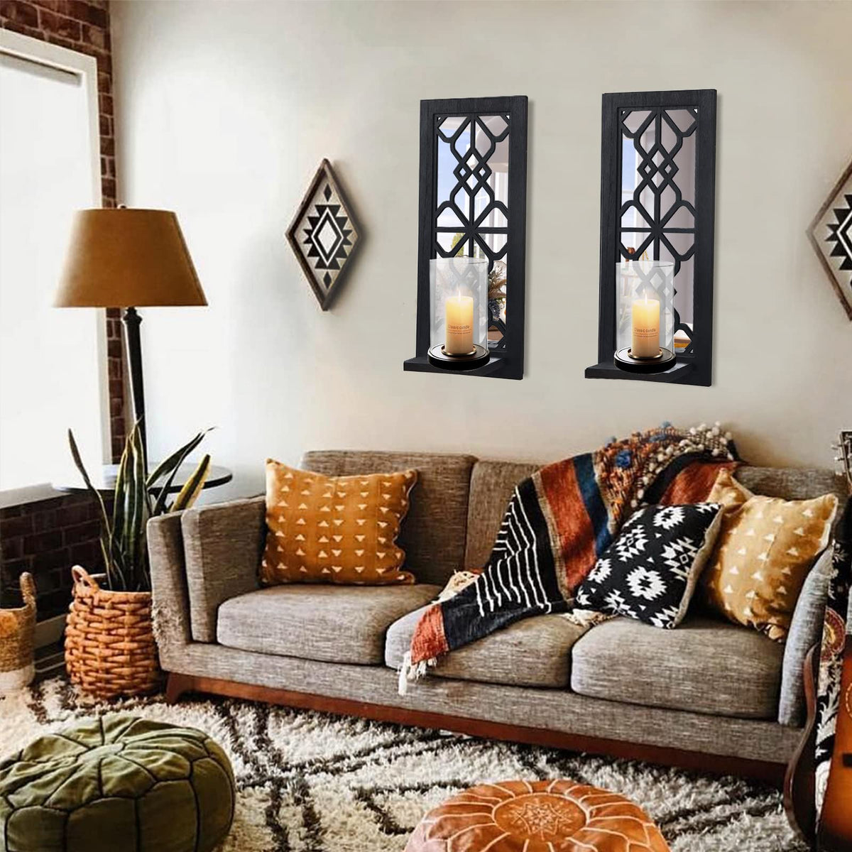 ZEXUIRU 2 Set Rustic Candle Sconces Living Room Bedroom Entryway Wood Mirrored, Farmhouse, Carved Frame Wall-Mount Wooden Candle Holders Wall Decor Hanging Handmade Holder - Black