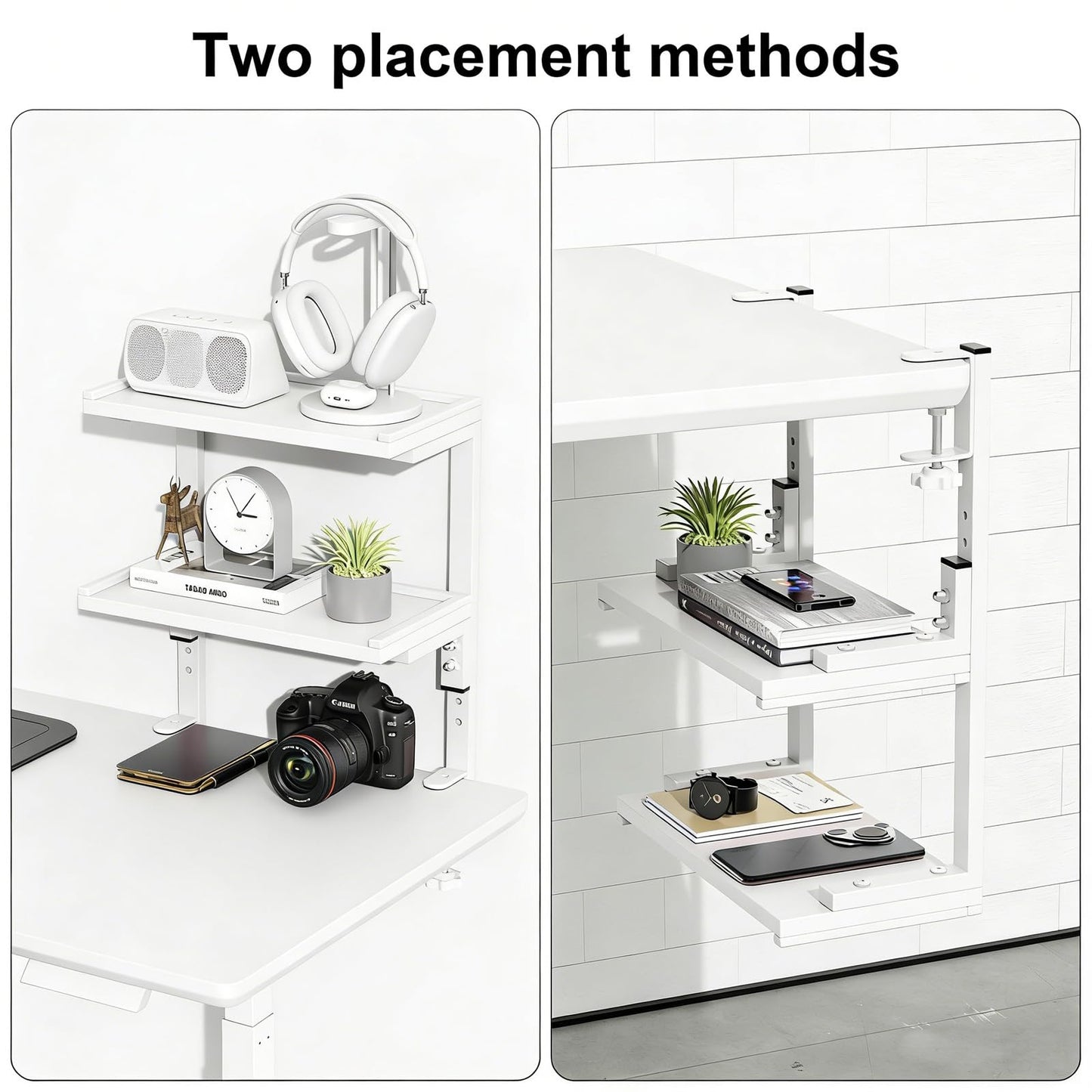 OUTIOE 2-Tier Desk Shelf, Expandable Under Desk Storage, Clamp on Desk Shelf, Desktop Accessories for Offices, Study Rooms, and Game Rooms (White)