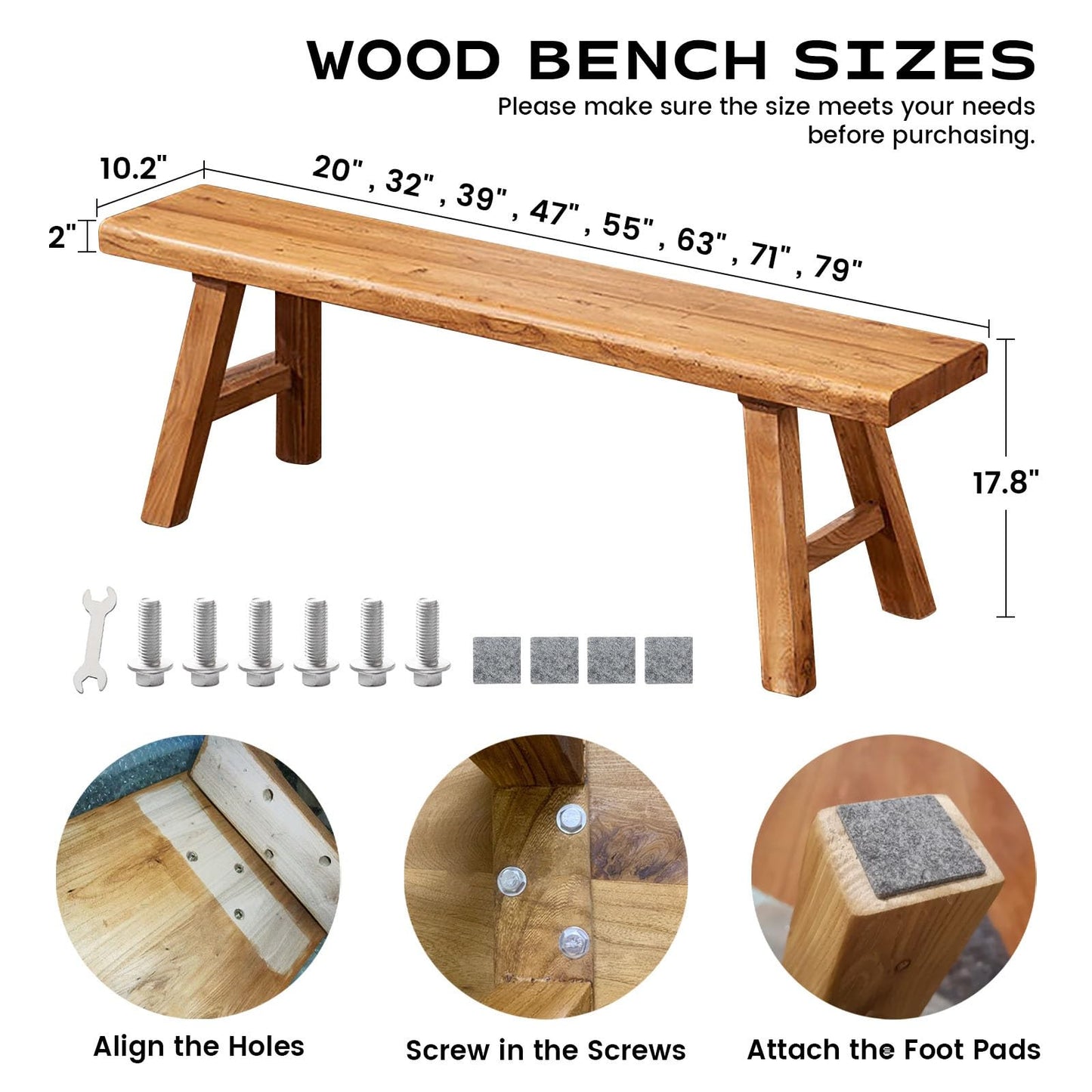 Narrow Entryway Bench Farmhouse Wood End of Bed Bench 20" 32" 39" 47" 55" 63" 71" 79" Sturdy Stable Skinny Long Benchs for Bedroom Hallway Dining Room Porch Easy to Assemble Natural Finish(20")