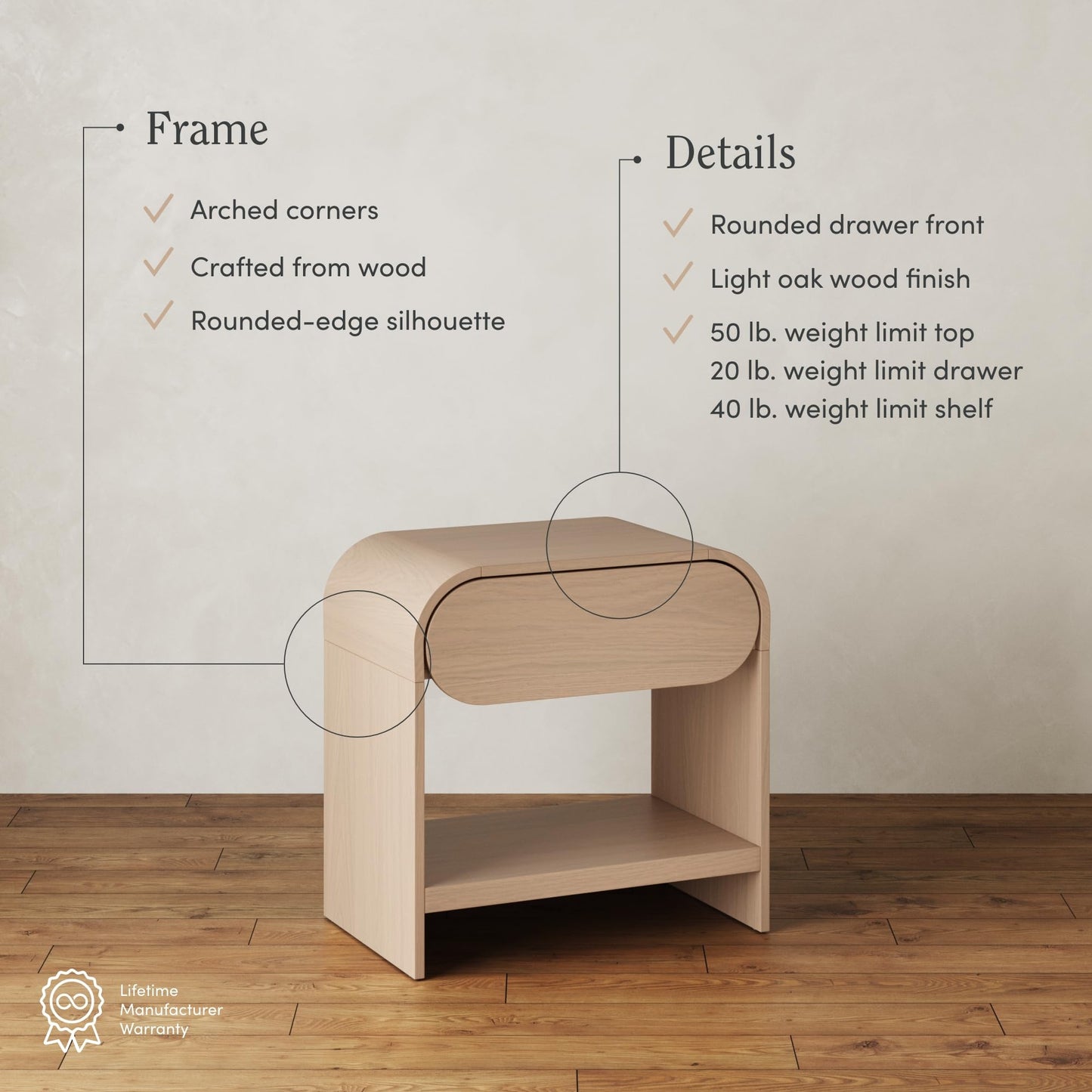 Nathan James Iris Mid-Century Modern Nightstand with Drawer, End Table with Storage for Bedroom or Living Room with Rounded Silhouette, Light Oak