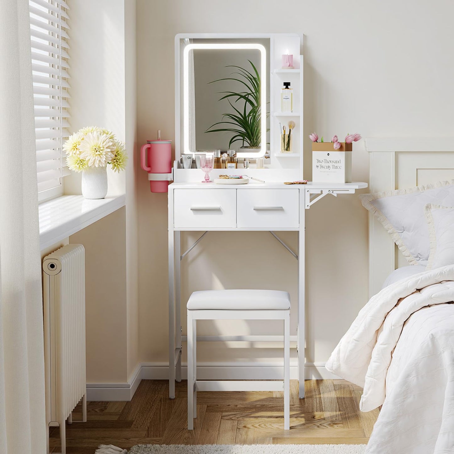 MemoCastle Small Vanity Desk for Compact Space: Mini Makeup Table Set for Bedroom - Tiny White Vanity with Mirror for Girls