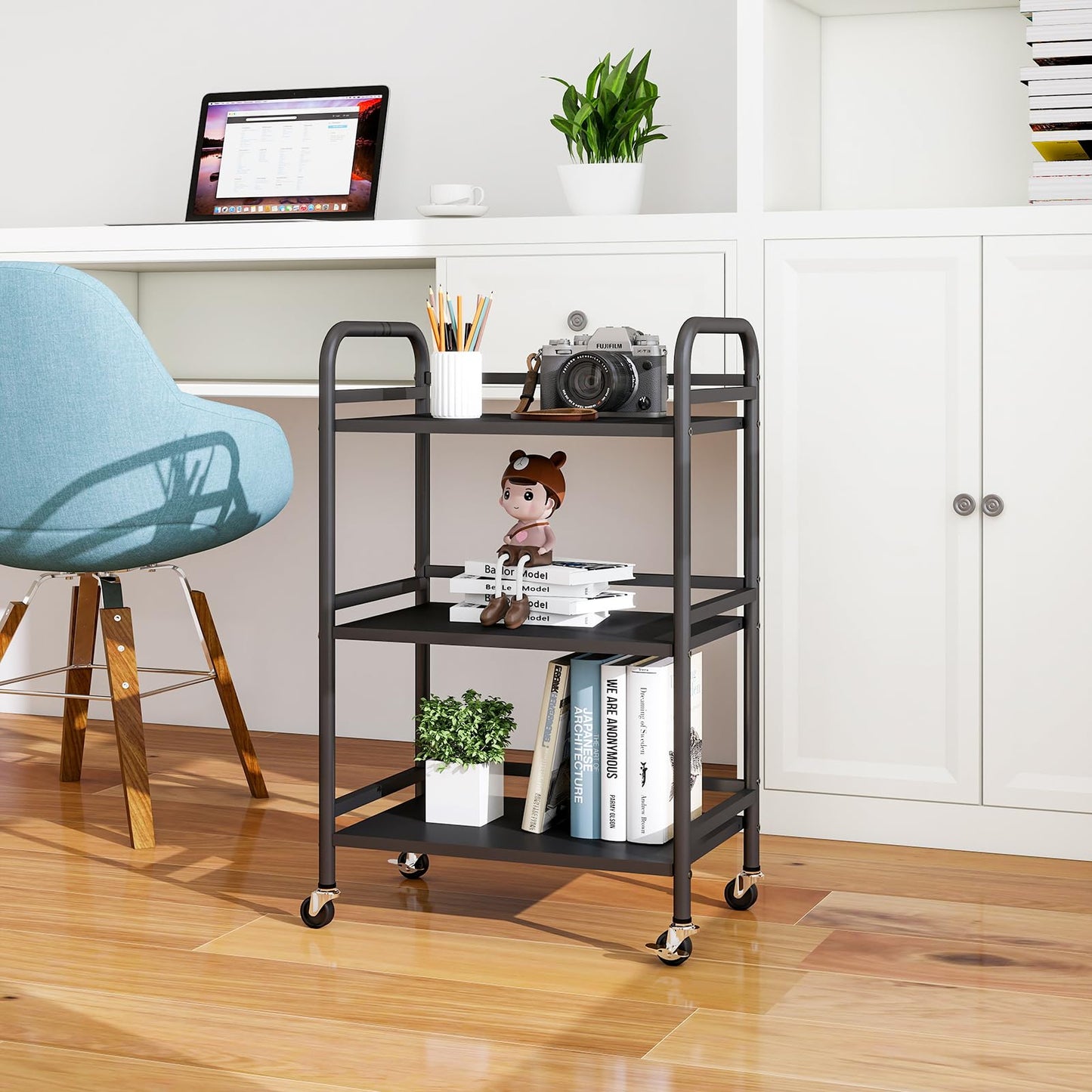 HDANI 3 Tier Rolling Cart Shelves,Heavy Duty Multifunctional Metal Frame-Supports 22 Lbs Per Tier,Rolling Cart with 2 Lockable Wheels for Home,Office,Kitchen,Bathroom,Bedroom,Black