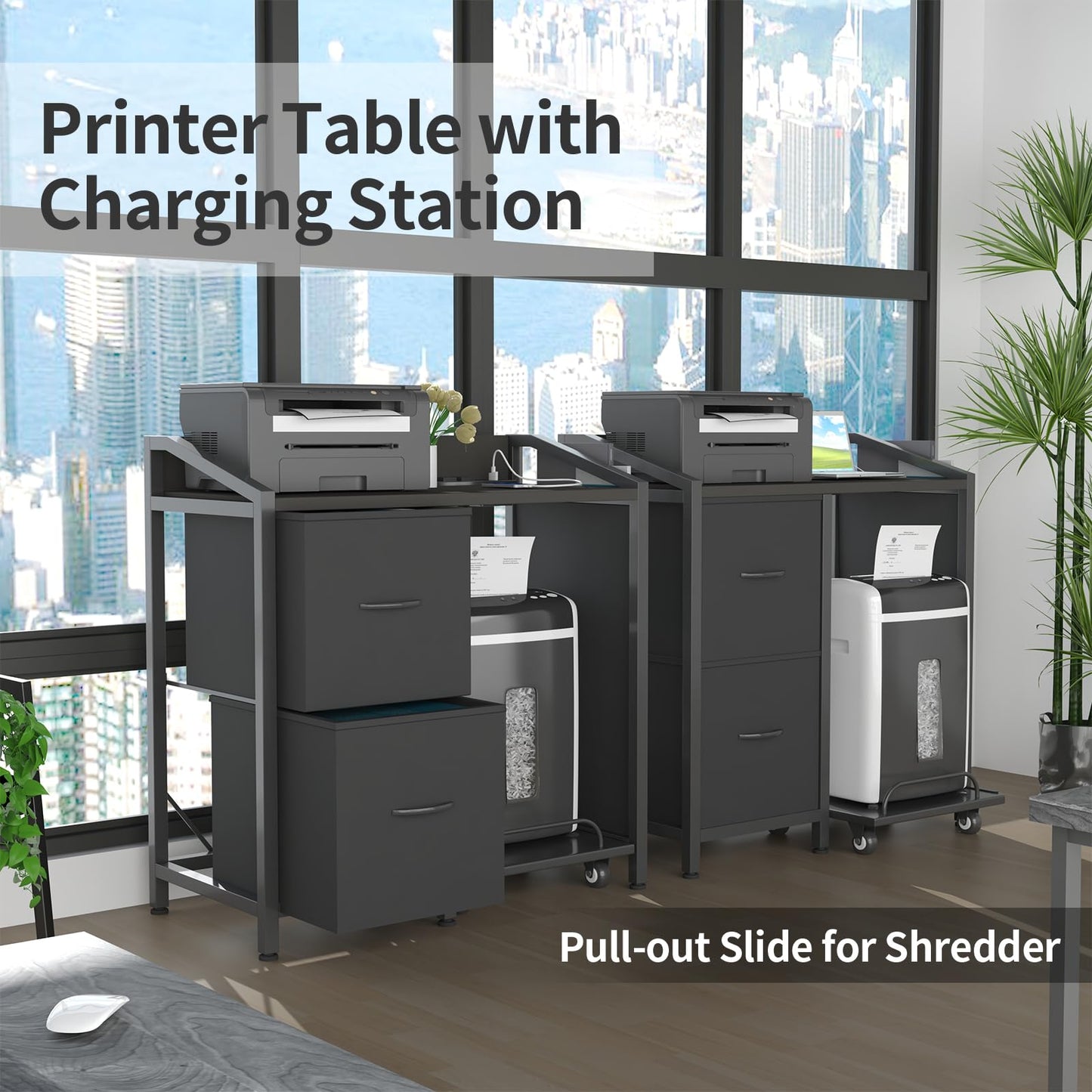 WODRAWER Printer Stand with Storage, Lateral Office Filing Cabinets with Power outlets & USB Charging Port, File Cabinet with Large Printer Stands for Home Office, Shredder Stand Rack (Black)