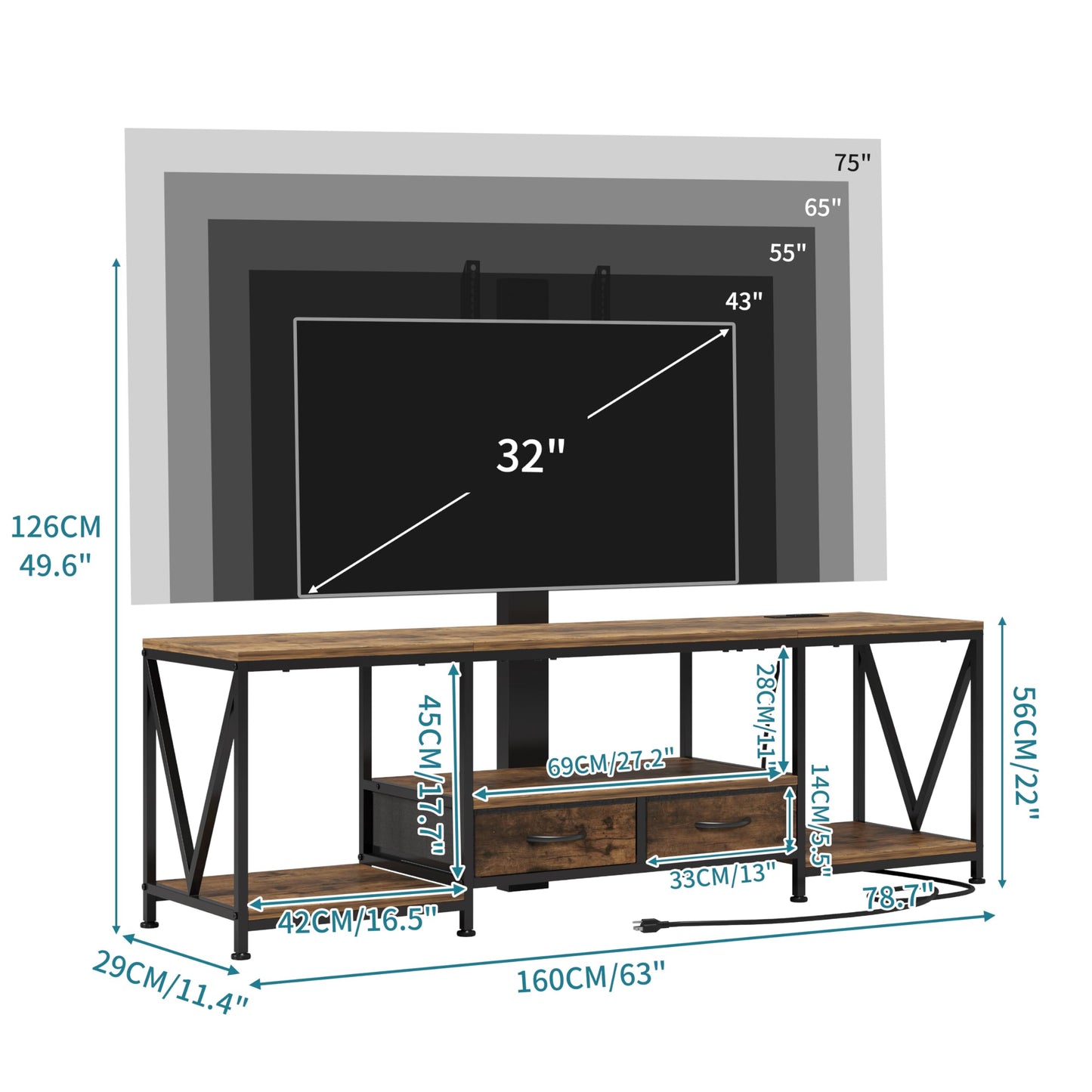 NinPeen 63" W TV Stand with Mount for 55,65,75" TV,Entertainment Center with Power Outlet&Led Lights,Height Adjustable TV Console Table with Open Storage Shelves&Fabric Drawers (Rustic Brown, 63“W)