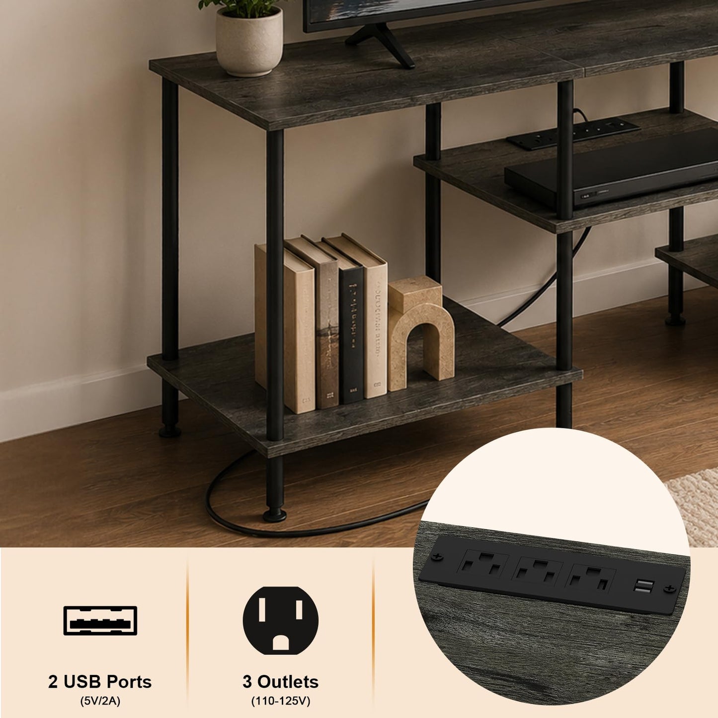 YAHKBTEN TV Stand for Bedroom up to 50 Inch Rustic TV Stands with Power Outlets Small Entertainment Center with Storage 3 Tier TV Media Console Table Cabinet for Living Room Bedroom Office, Dark Grey