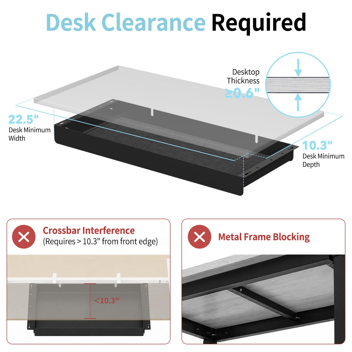 ERGO COLLECT Under Desk Drawer,20.1 inch Carbon Steel Slide-Out Under Table Storage Organizer With Full Extension Ball-Bearing Slides,Undermount Drawer For Standing Desk & Home Office,Black