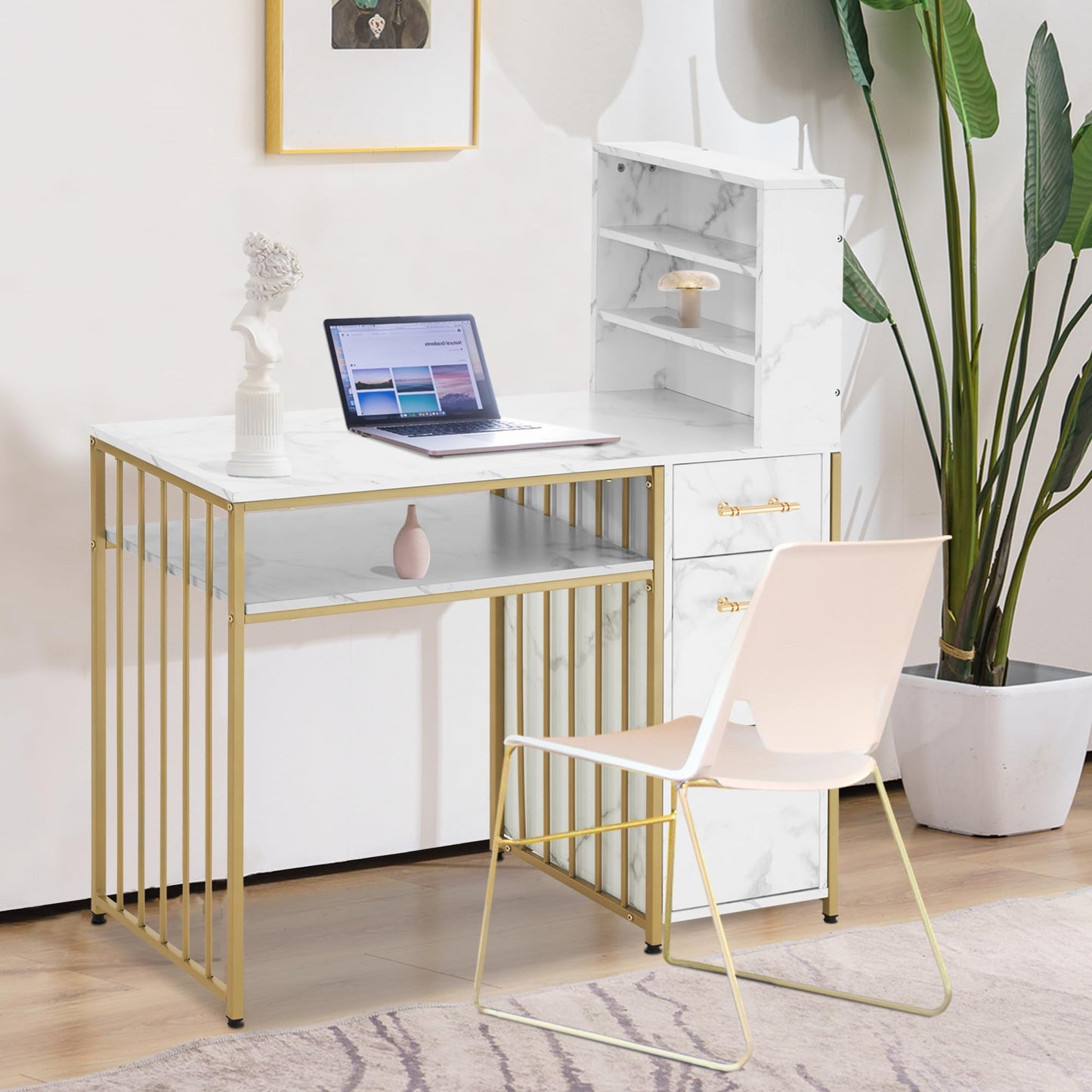 M MCombo Desk with 3 Drawers, Nail Table Made of Wood, Metal Frame, Manicure Table, Marble White Gold, Dressing Table without Mirror, Modern, Computer Desk with Shelf Living Room, 43 x 108 x 125 cm,