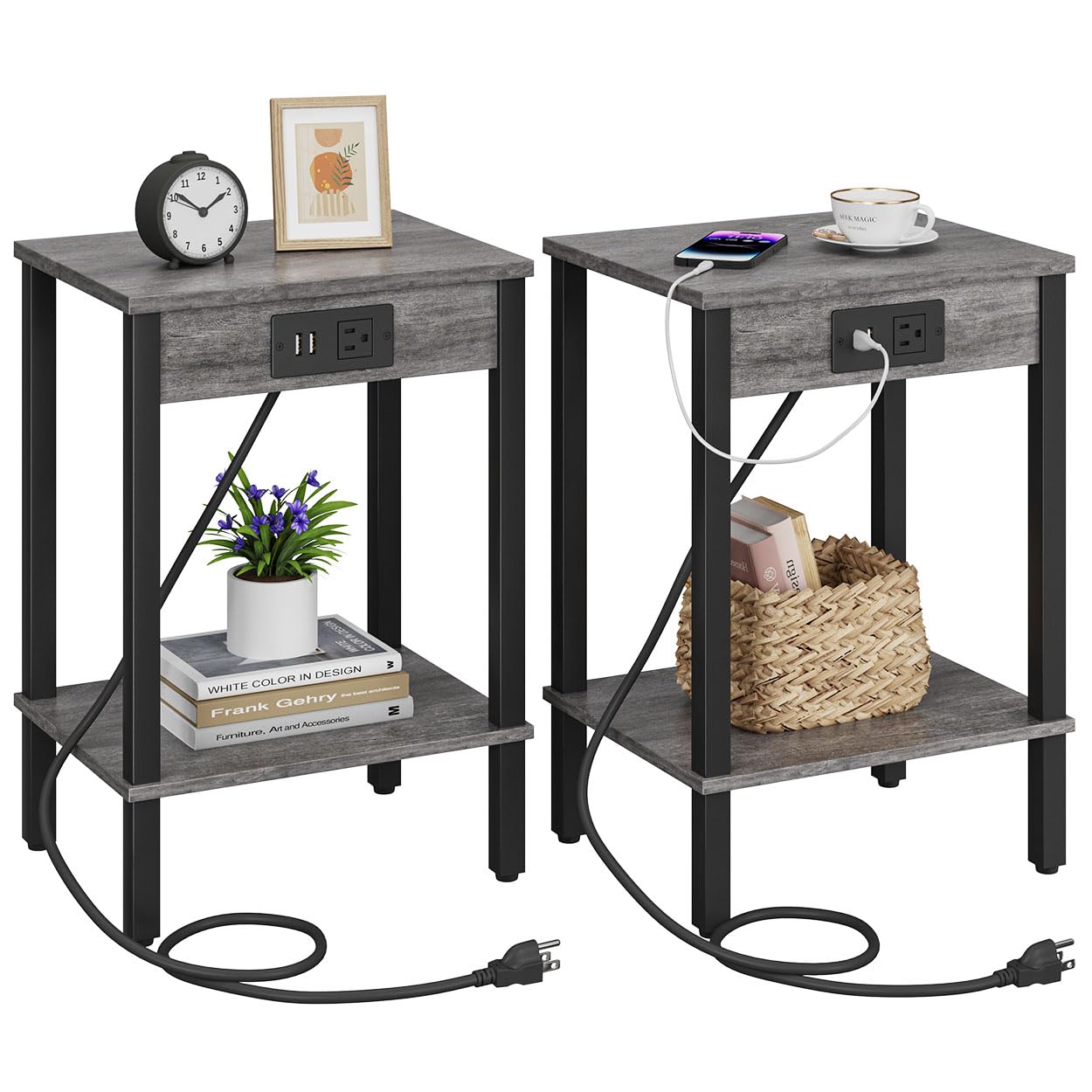 VIMBER Side Table with Charging Station, Set of 2 End Tables with USB Port and Outlets, Nightstands with 2-Tier Storage Shelves, Sofa Table for Small Space, Living Room, Bedroom, Grey 102H2