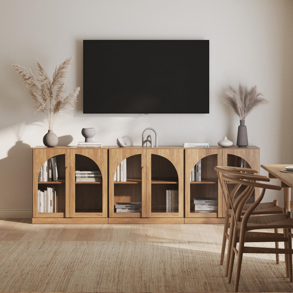 BELLEZE Bijou Set of 3 Modular Sideboard Cabinets (94.5" Extra Long) - 6-Door Media Console TV Stand for 85+ Inch TV - Modern Arched Glass Buffet Credenza for Large Dining Room & Living Area- Camel