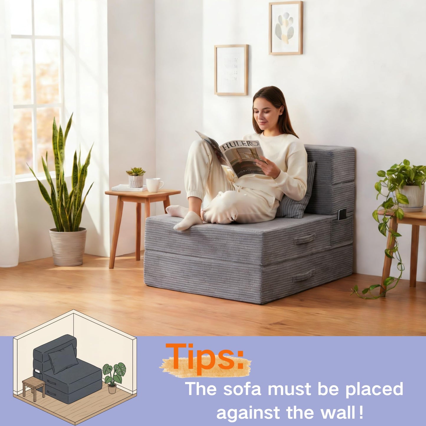 HILERO Folding Sofa Bed, 4 in 1 Convertible Sleeper Chair with Pillow, Single Memory Foam Fold Out Chair Bed, Modern Floor Futon Sofa Couch Mattress for Living Room/Guest/Apartment, Light Gray