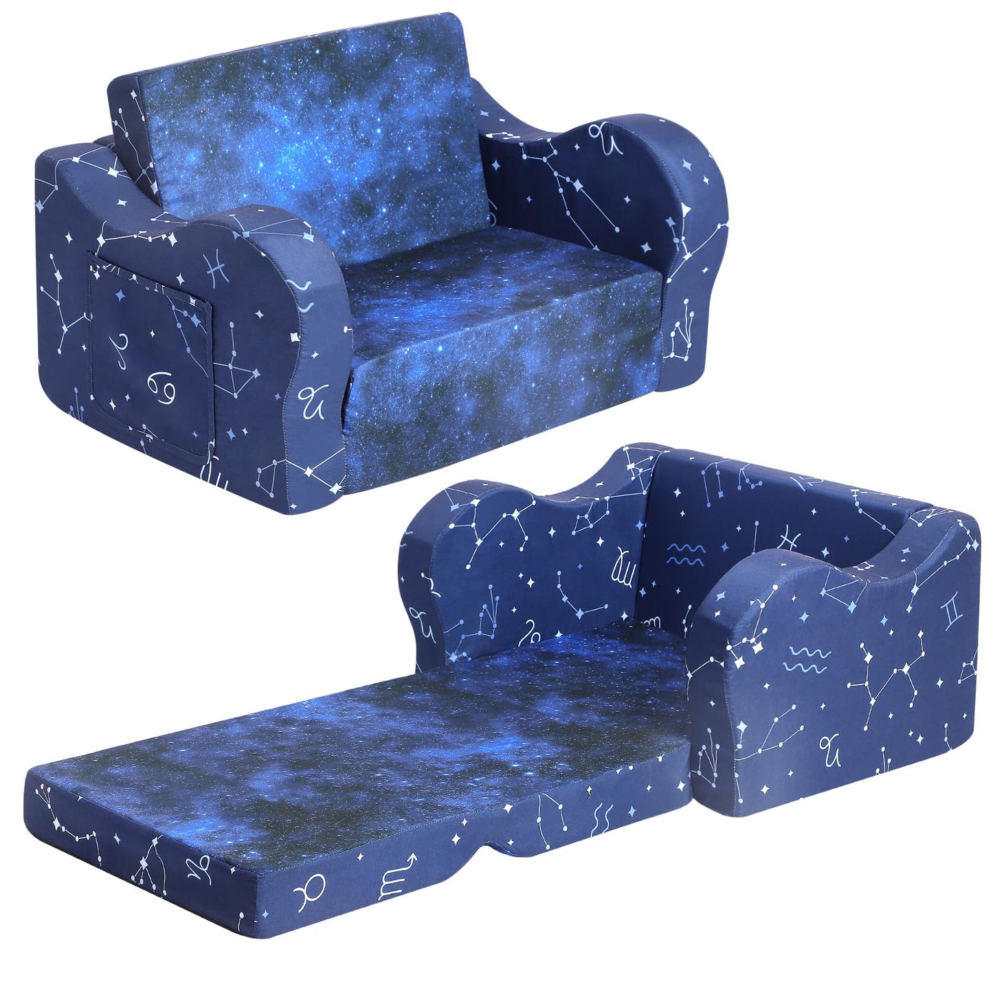 MOMCAYWEX Kids Sofa, 2-in-1 Flip-Out Foam Couch, Foldable Soft Play Lounge Chair, Blue