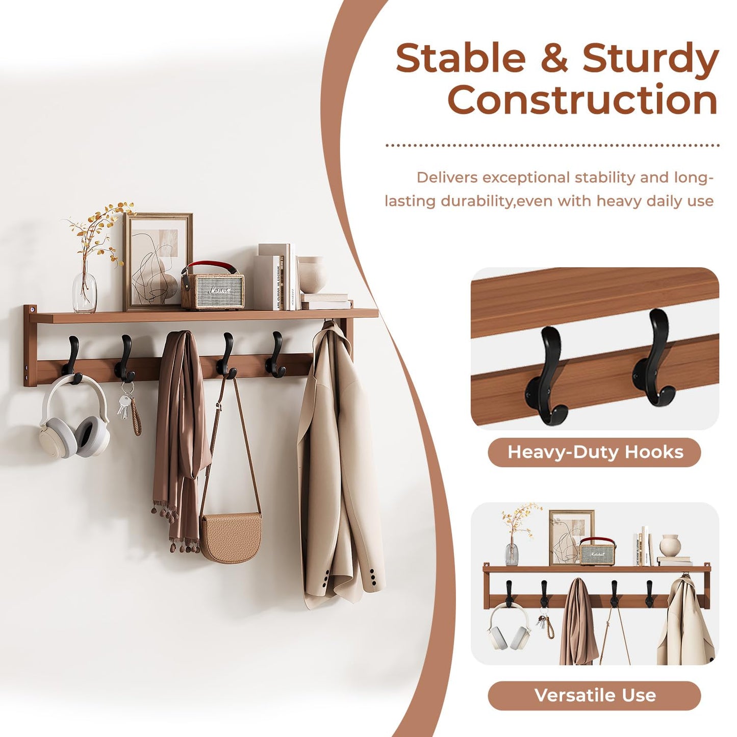 ACSWOD 39.4" Bamboo Shoe Bench with Cushion, 6 Hooks Coat Rack, 3-Tier Adjustable Storage Bench for Entryway, Heavy Duty Shoe Rack Organizer with Removable Soft Cushion for Living Room Bedroom Hallway