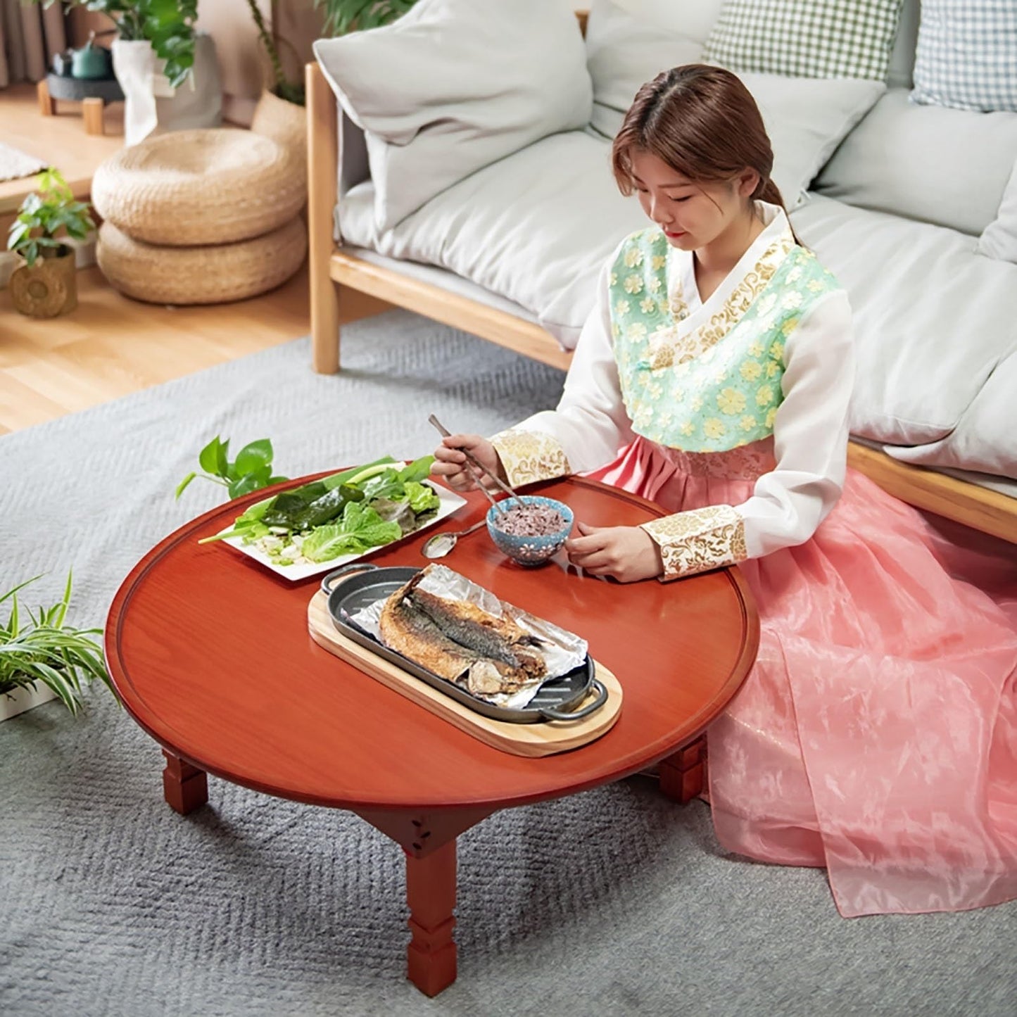 Folding Coffee Table, Rustic Wood Floor Round Table with Chinese Lucky Deer Pattern, Portable Low Dining Tables for Tatami, Living Room, Bedroom, Picnic, Red Brown (Size : 80CM/31.5IN)