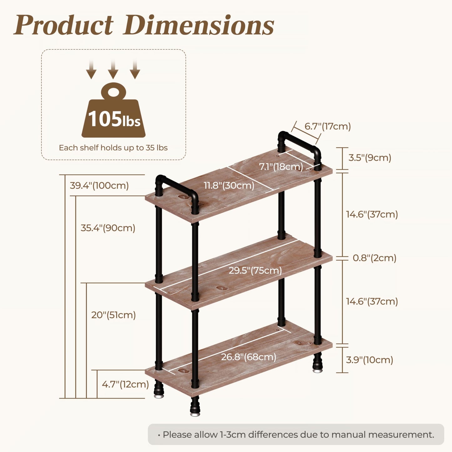 Industrial Bookshelf, Rustic Open Bookcase, 3 Tier Wood and Metal Bookshelf, Solid Pine Wood and Iron Pipe Storage Shelf Narrow Small Space Storage Shelf for Living Room Office Bedroom Kitchen