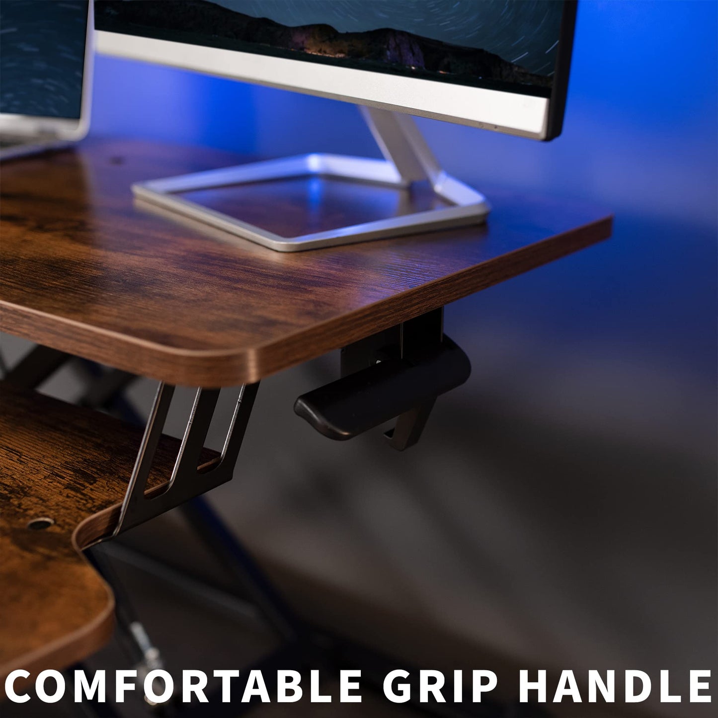 VIVO 32 inch Desk Converter, K Series, Height Adjustable Sit to Stand Riser, Dual Monitor and Laptop Workstation with Wide Keyboard Tray, Vintage Brown Top, Black Frame, DESK-V000KN