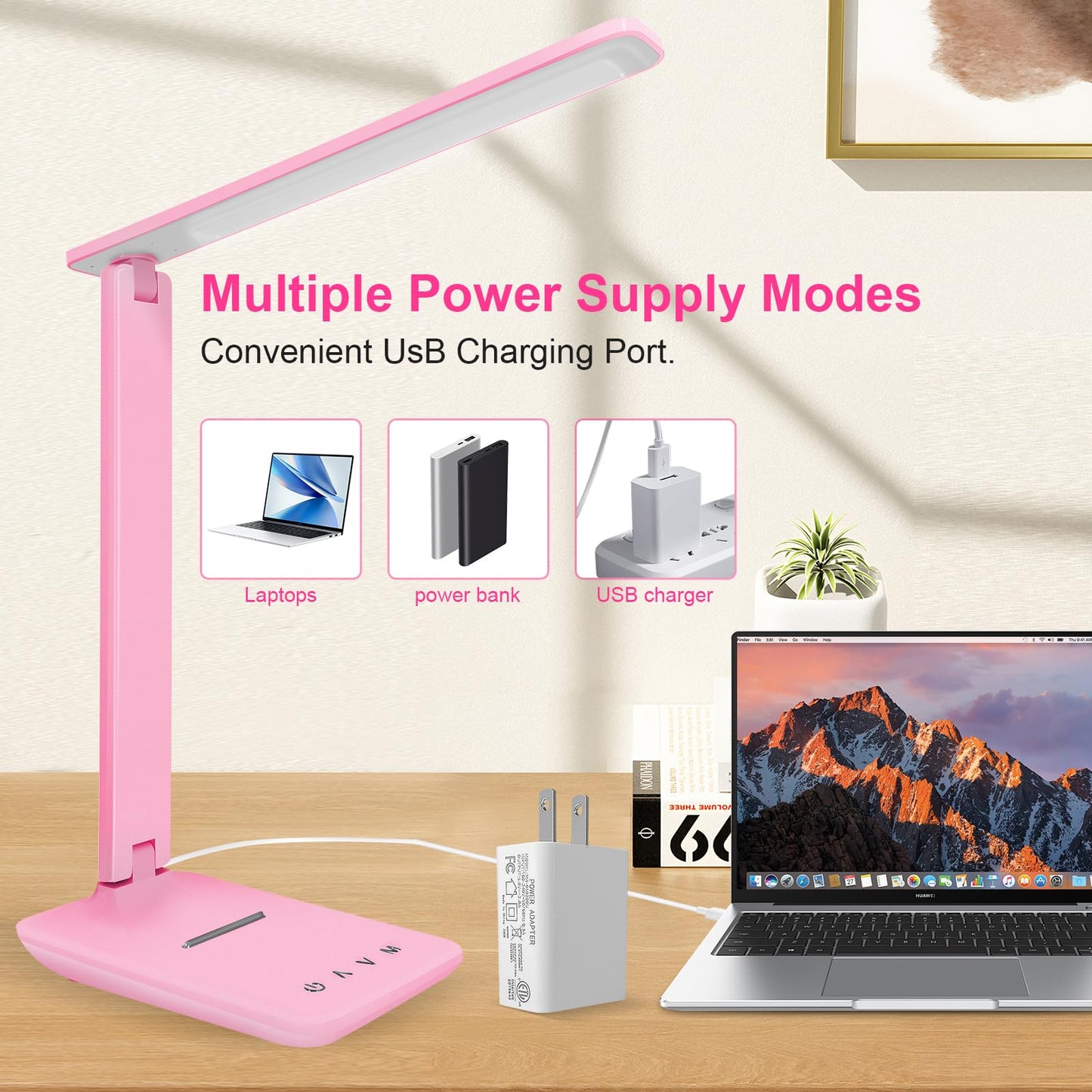 White crown LED Desk Lamp Dimmable Table Lamp Reading Lamp with USB Charging Port, 5 Lighting Modes, Sensitive Control, 30/60 Minutes Timer Pink (Pink, First-Generation)