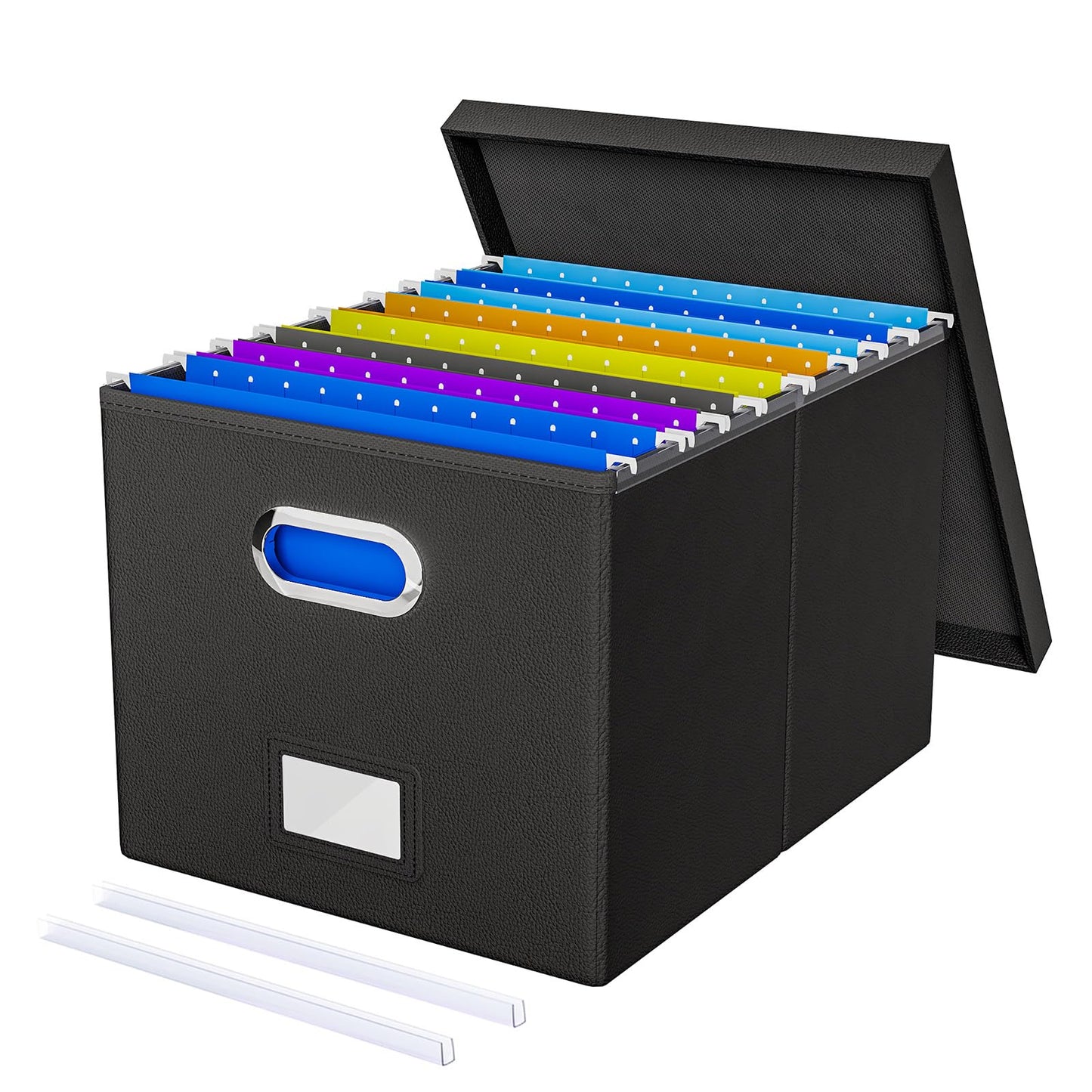 Oterri File Organizer Box with Lid - Portable Hanging File Box for Letter/Legal Files, Office/Decor/Home, 1 Pack, Black Leather
