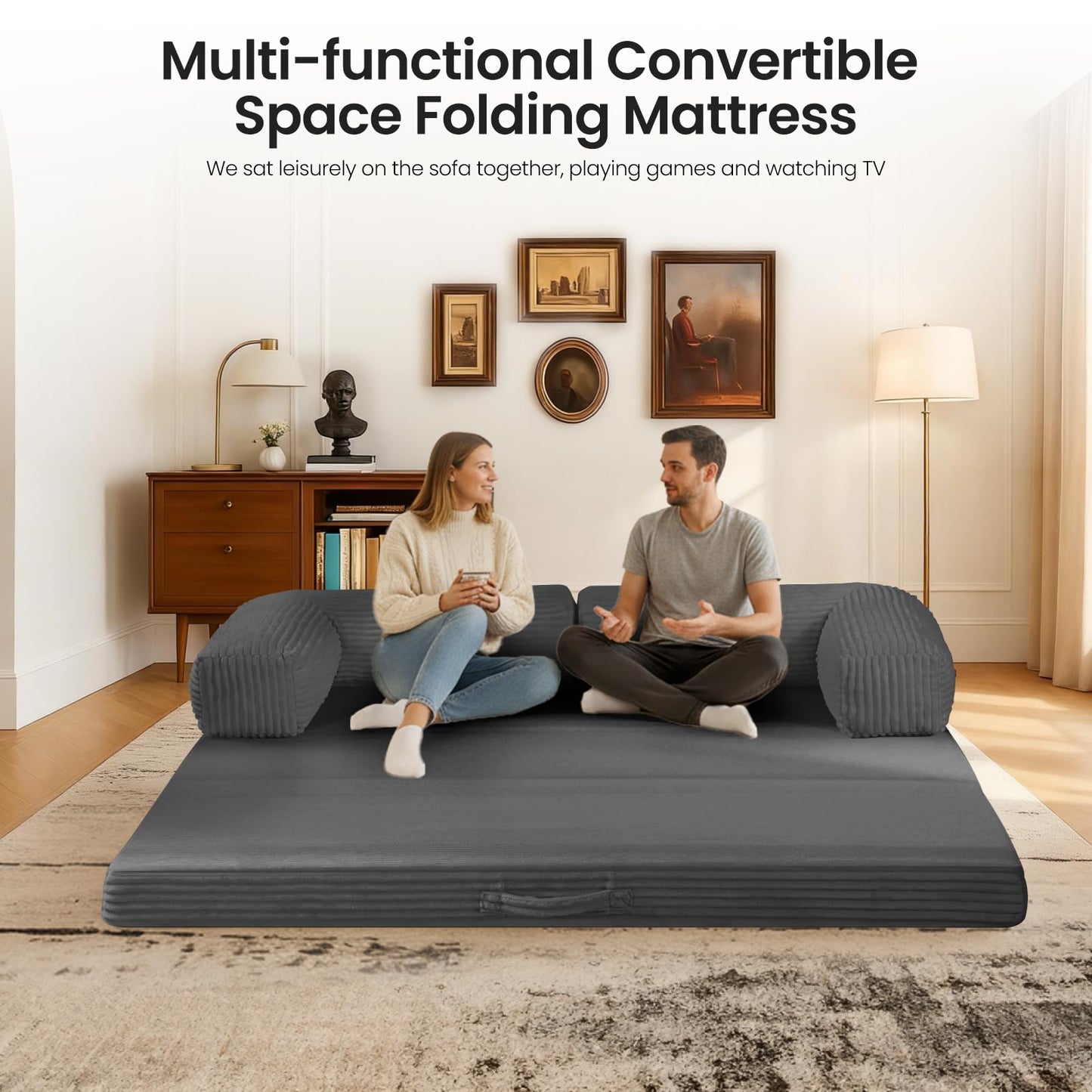 AOLVDOW Tri-Fold Foldable Mattress, Convertible Folding Sofa Bed with Removable Arms & Washable Cover, All-in-One Portable Mattress Floor Sofa Bed, No Assembly Required & Non-Slip, Queen Size, Grey
