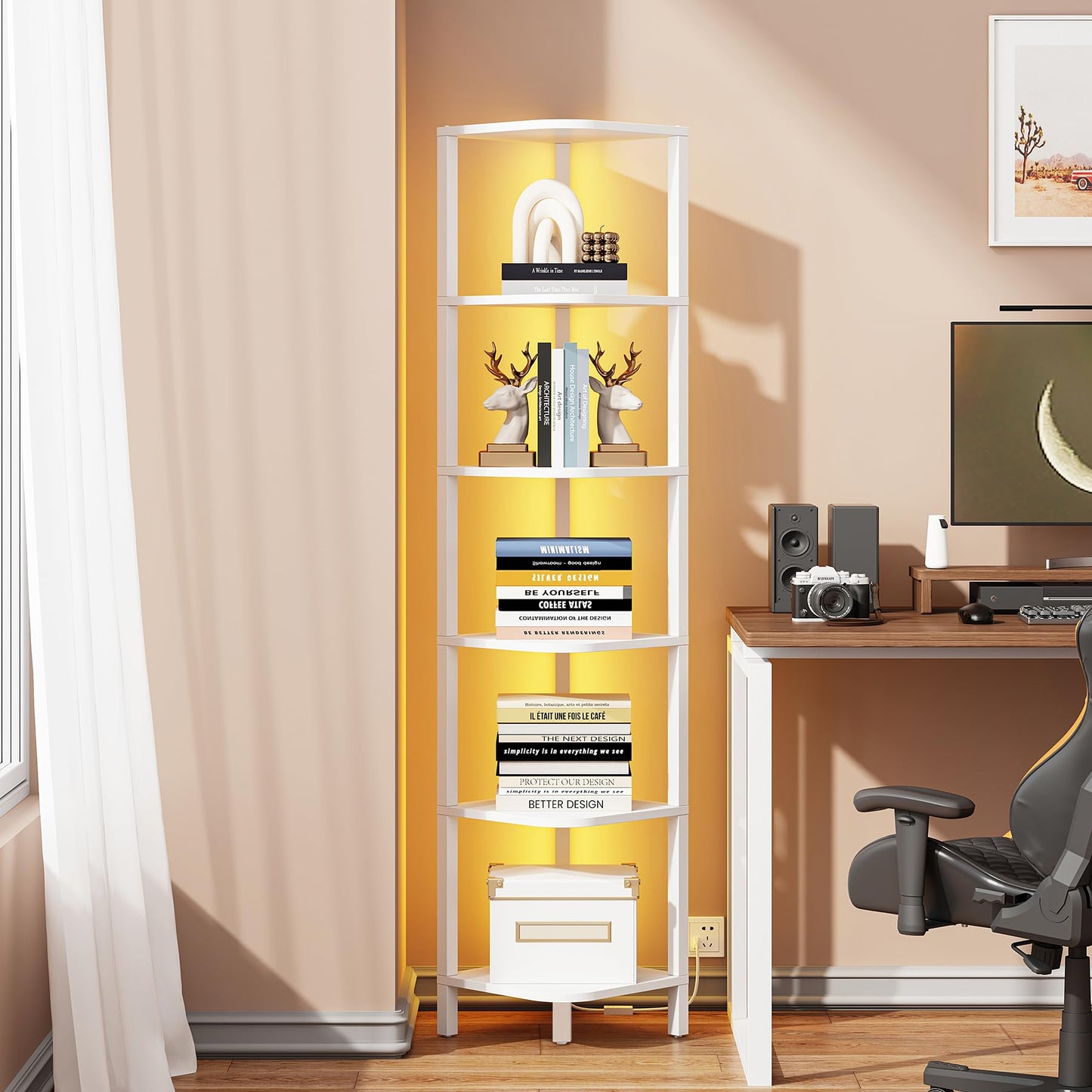 TUTOTAK Corner Shelf with LED Light, 6-Tier Corner Bookshelf for Small Space, Narrow Display Corner Shelf Stand with Storage Rack, for Living Room, Bedroom, White BS08BW006L