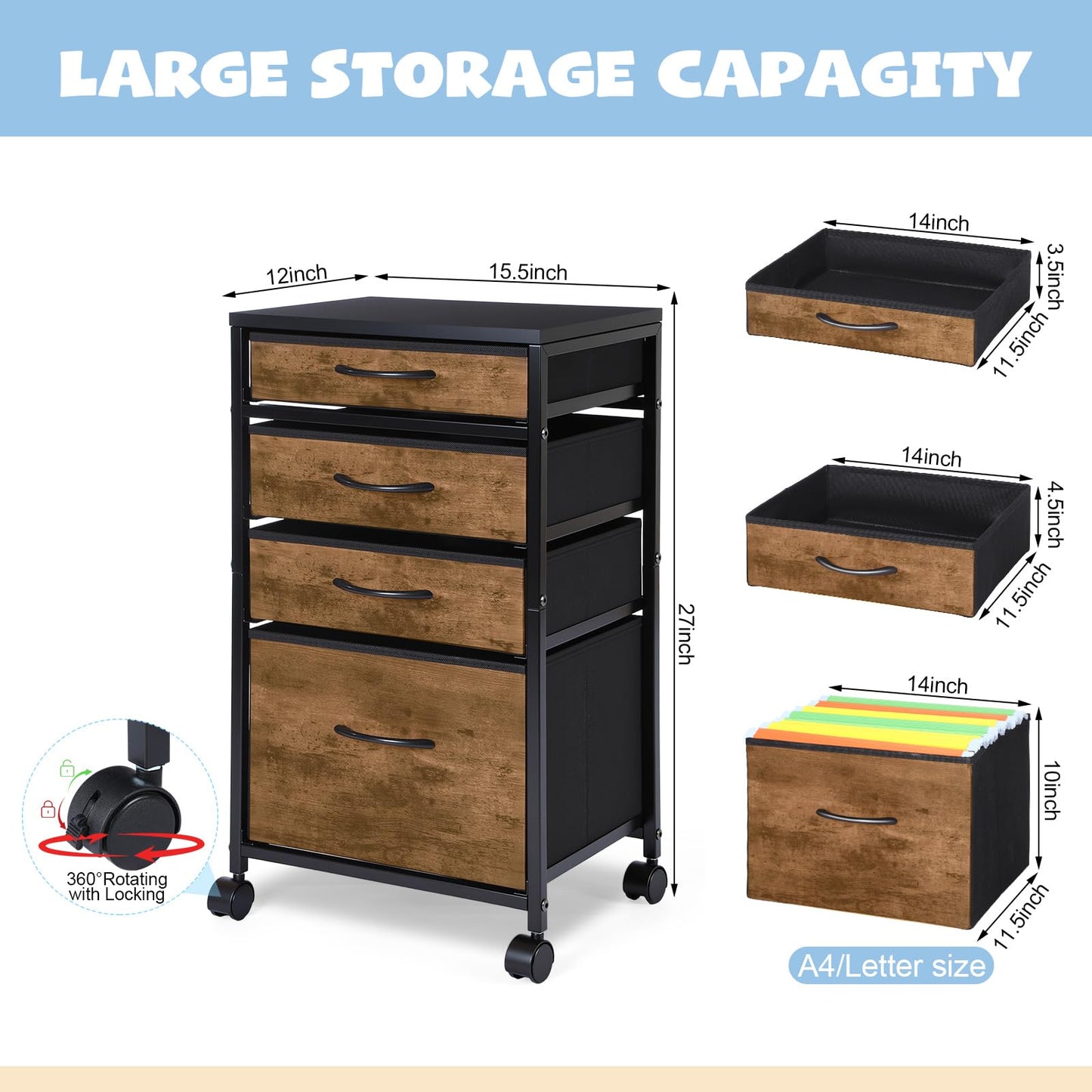Chunful 4 Drawer Rolling File Cabinet Mobile Printer Stand Metal Cart with Fabric Vertical Filing Chest Wheels A4 Letter Size Under Desk Utility Craft Storage Organizer for Home Office School(Brown)