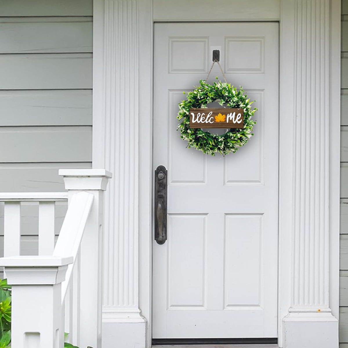 Green Eucalyptus Wreath with Welcome Sign, 16" Easter Spring Artificial Wreath Hanging Decor for Front Door Porch Window Housewarming Gift