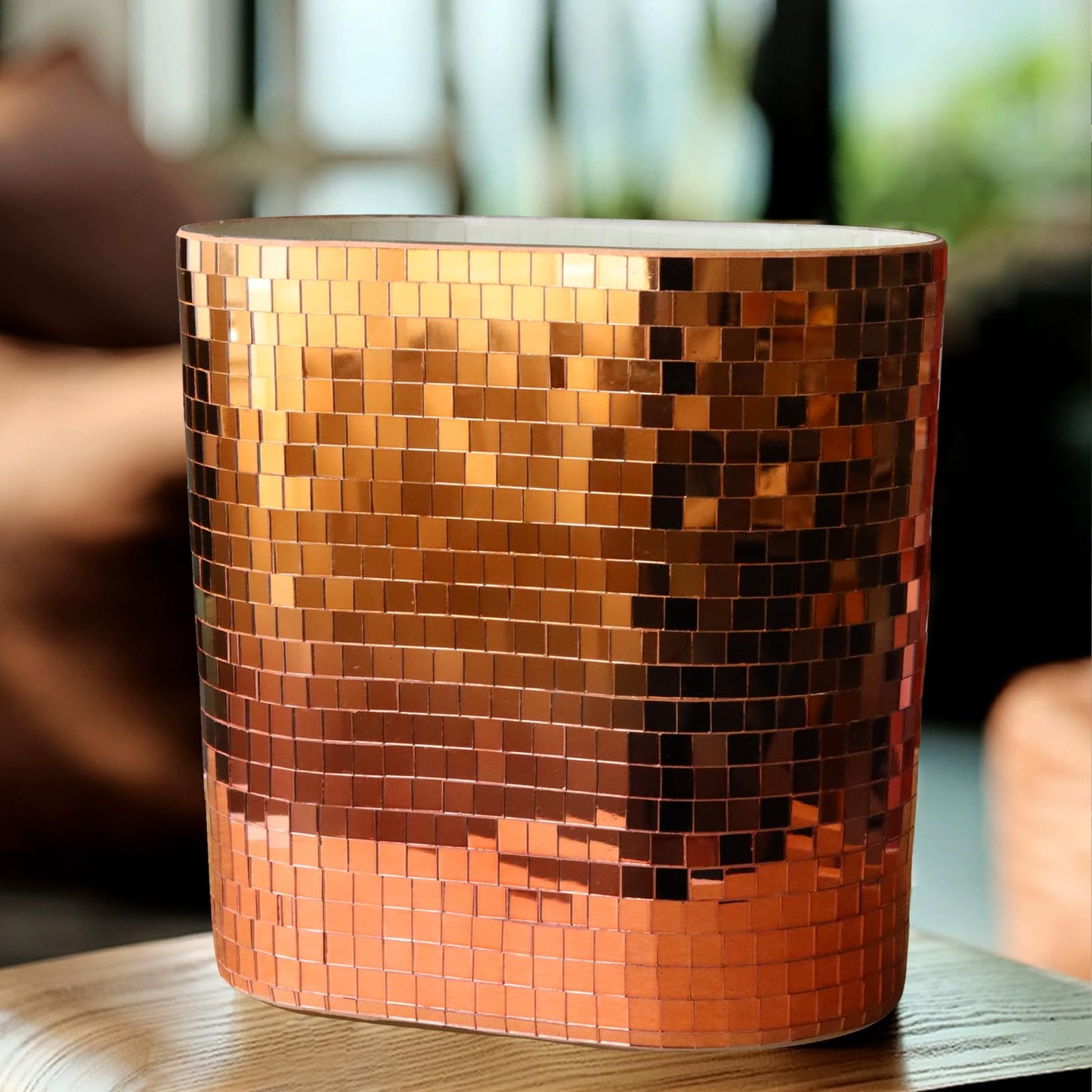 WDHODEC Rose Gold Mosaic Waste Basket (9.8" Tall) | Narrow Oval Decorative Trash Can for Bathroom Vanity & Toilet Side | Luxury Handcrafted Mirror Accent Dual-Use Flower Vase