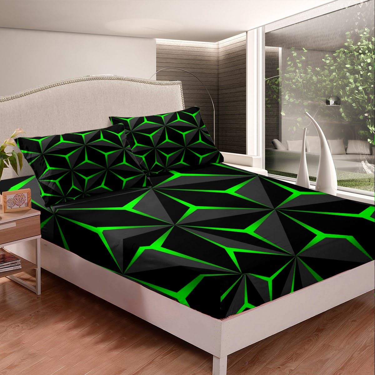 Feelyou Neon Honeycomb Sheet Set Twin Size,Geometric Stereoscopic Theme Teens Boys Bedding Set,Adults Bedroom Decoration 3D Green Print Fitted Sheet All Season