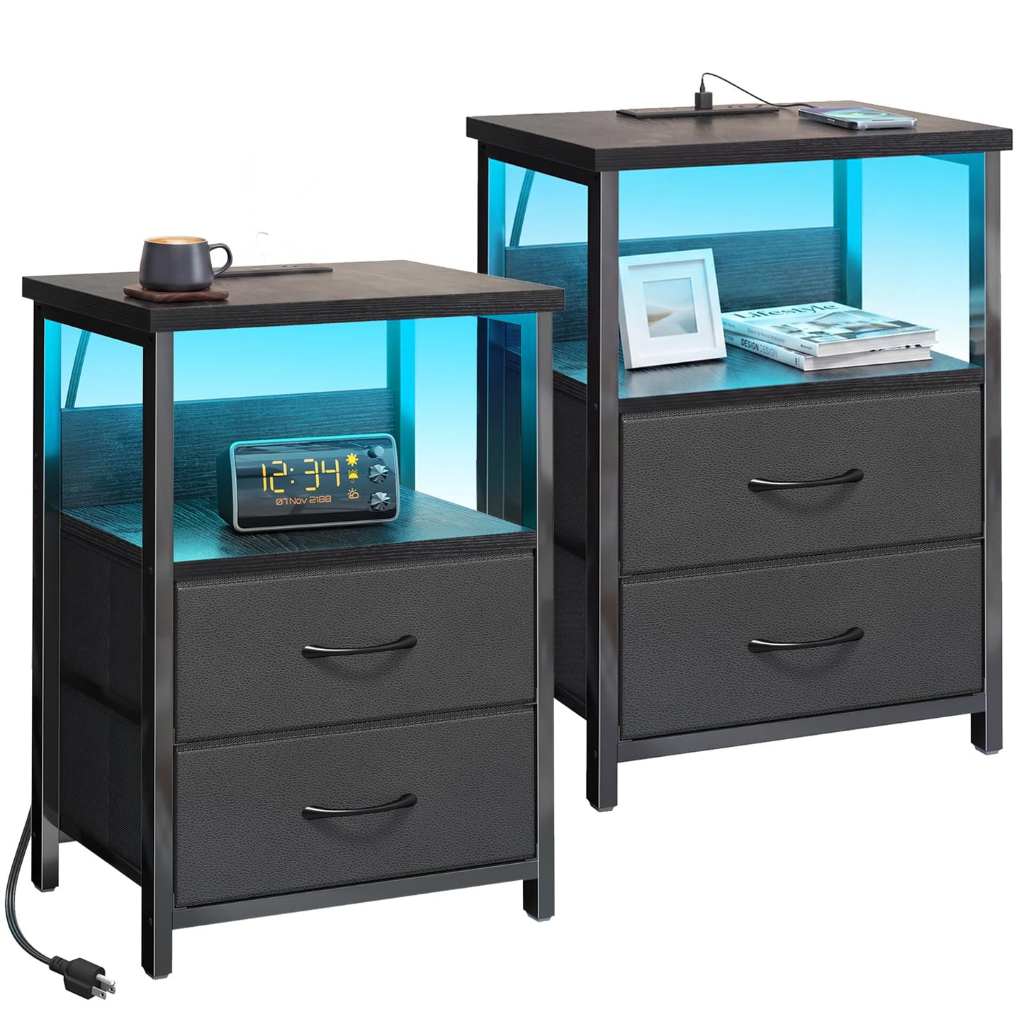 Fixwal Nightstand Set of 2 Night Stand with Charging Station, LED Nightstand with Fabric Drawers, End Table with PU Finish, Bed Side Table, Black