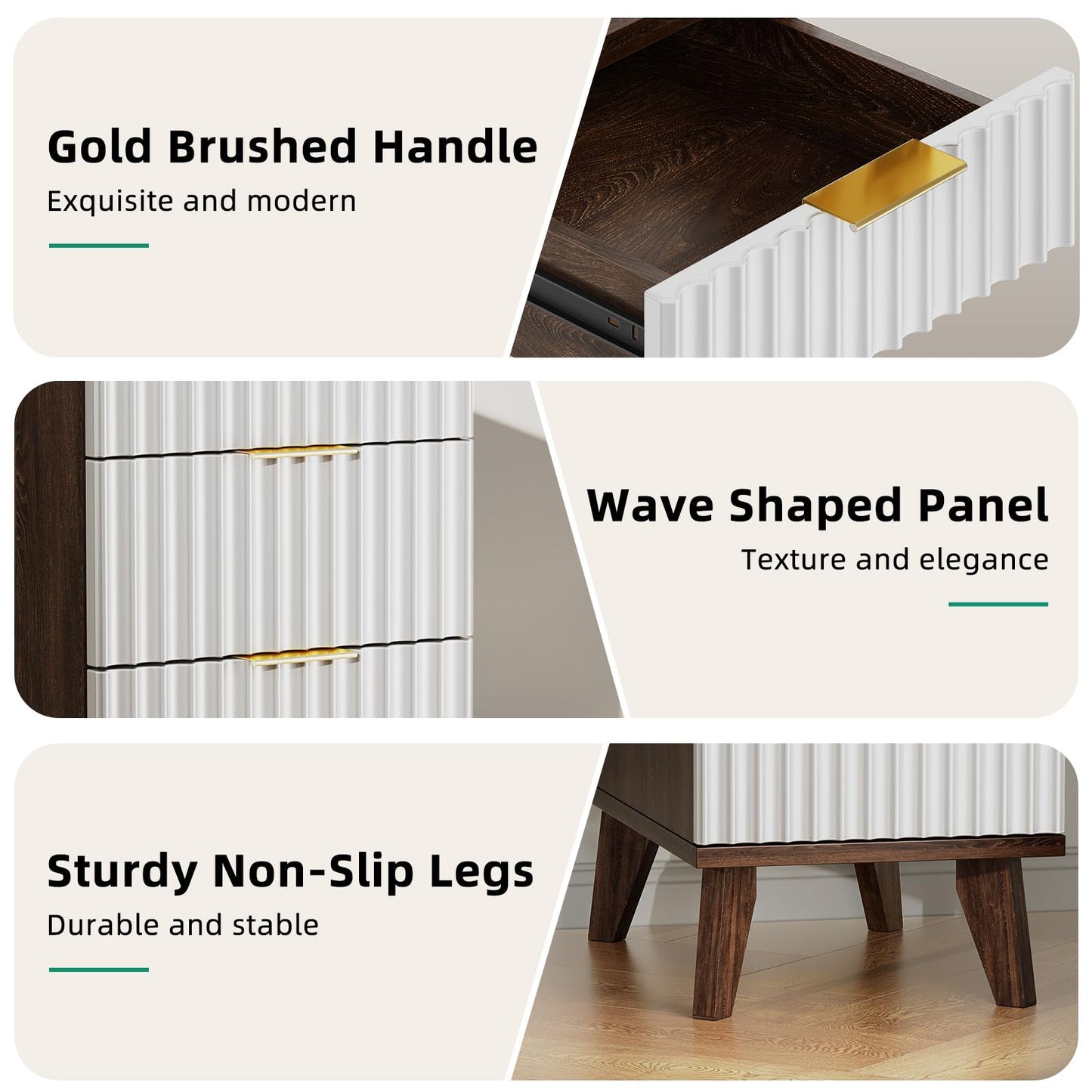 Kalrin Charging Nightstand with Hidden Outlets & 3 Drawers, Modern End Table, Bedside Table with USB Ports, Wave Groove Design, Compact Size, Heavy Duty Engineered Wood, Brown & White