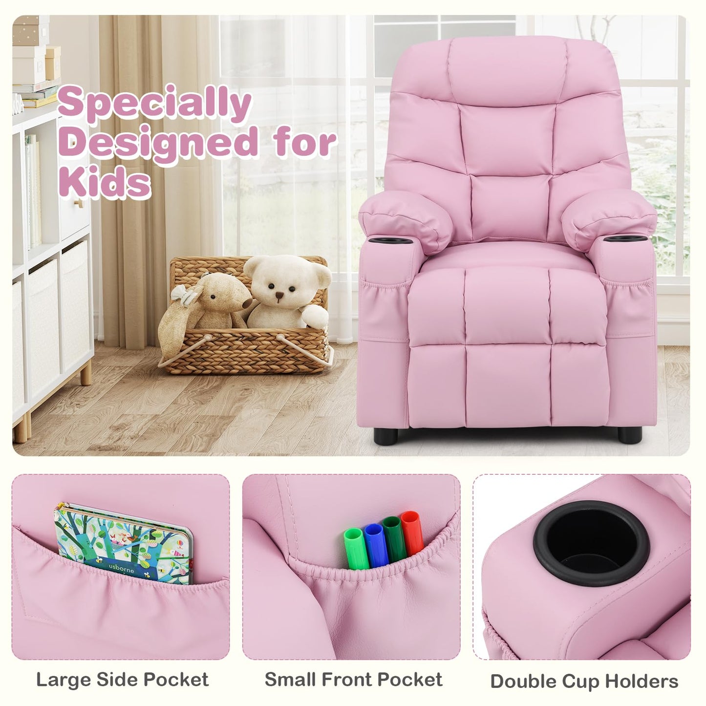 Costzon Kids Recliner Chair with Cup Holder, Adjustable Lounge Chair w/Footrest & Side Pockets for Children Boys Girls Room, Ergonomic Toddler Furniture Sofa, Kids Pink Recliner (Pink)