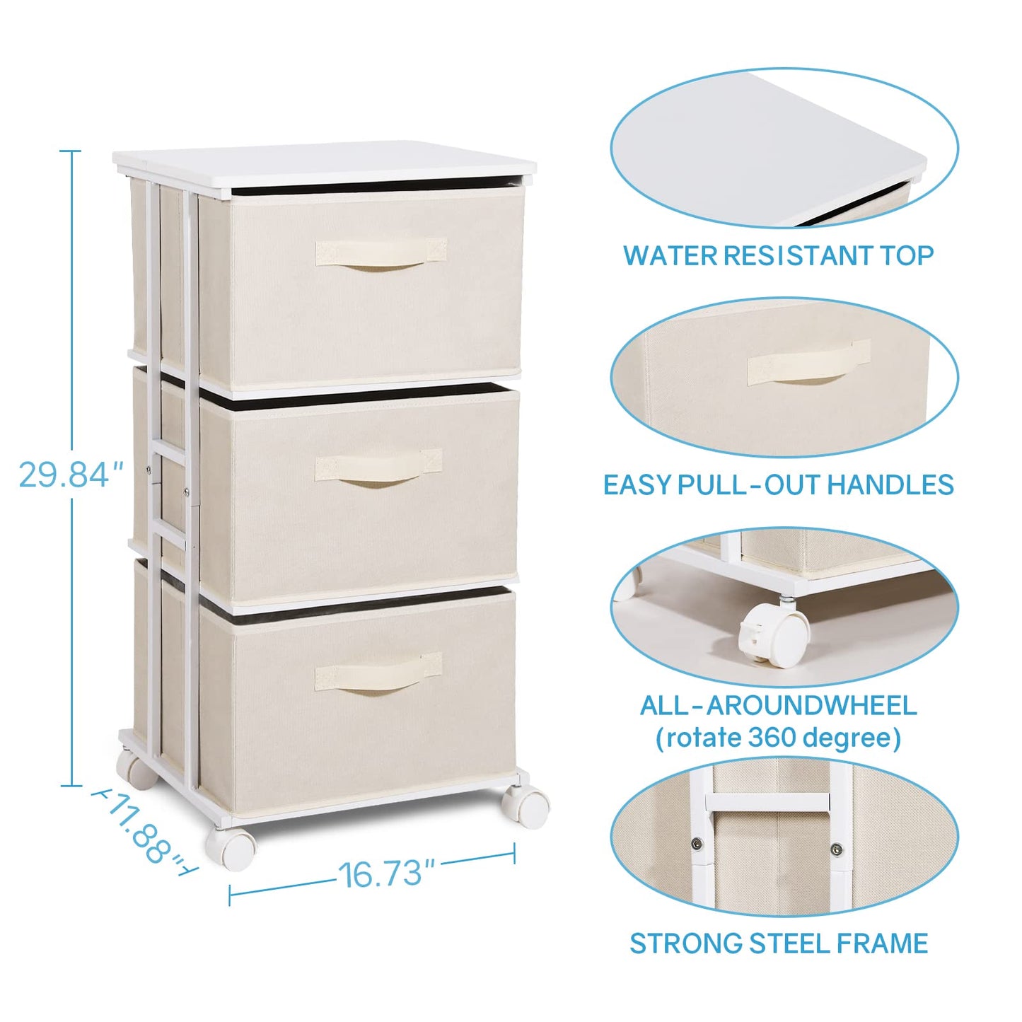 MAX Houser Dresser Tower with 3 Drawers for Bedroom, Fabric Storage Organizer Unit, Chest of Drawers with with WoodTop, Small Vertical Storage for Guest Room, Closet, Entryway(Beige)