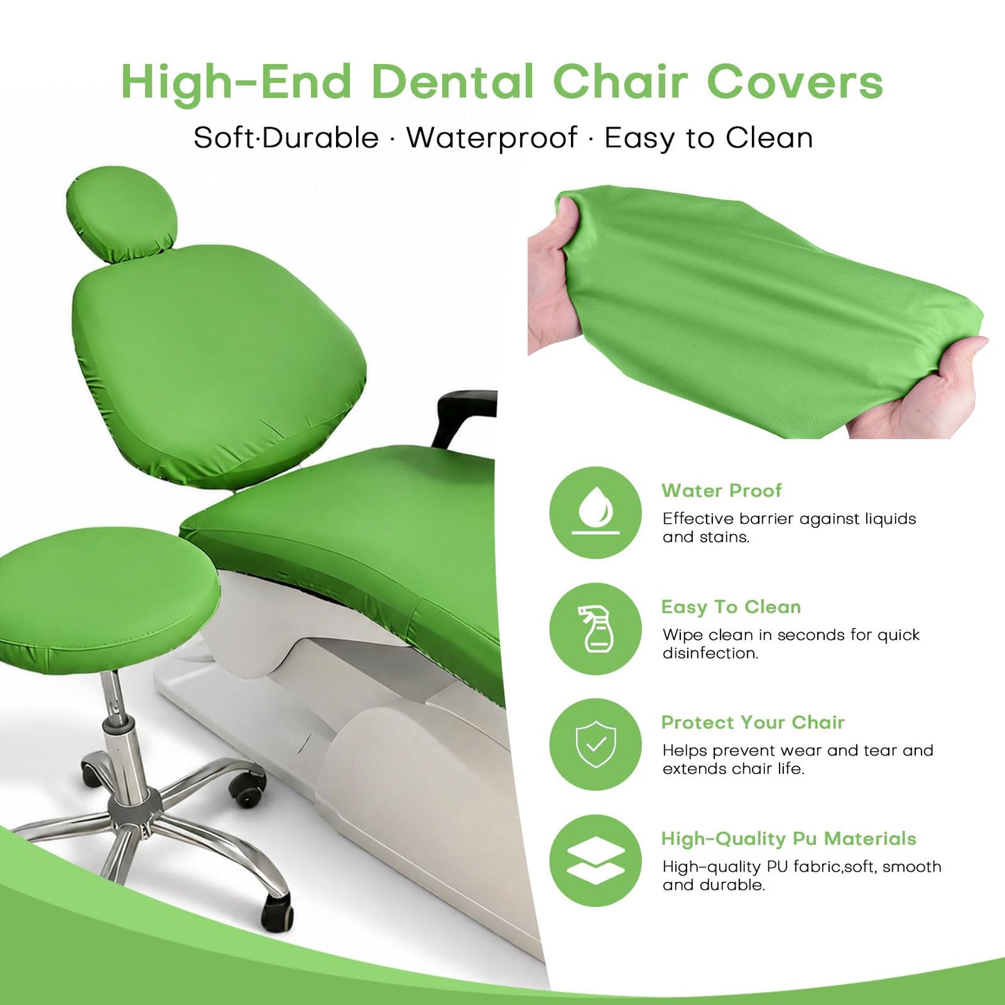 buyzg 5Pcs Dental Chair Covers Set - Waterproof & Non-Slip PU Leather Elastic Full Covers with Foot, Seat, Headrest & Backrest Protectors for Dental Clinic Chairs(Green)