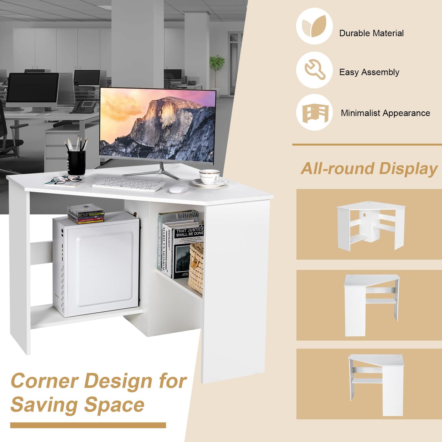 Tangkula White Corner Desk - 90 Degrees Triangle for Computer, Small Space, Bedroom, Makeup Vanity Desk with Storage Shelves & CPU Stand, Space Saving Writing Desk