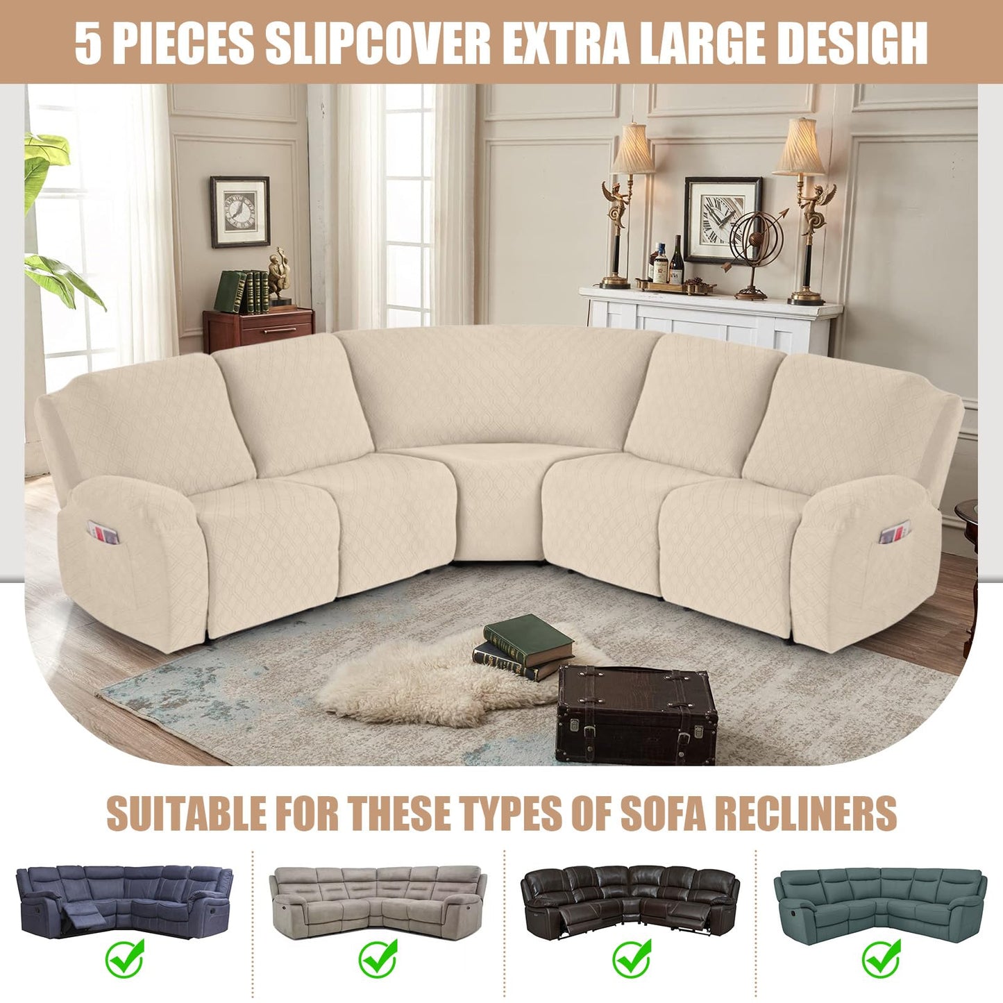 VANSOFY Extra Large Reclining Sectional Couch Covers, Washable 5-Piece Sofa Covers for L Shape Sectional Sofa Corner Seater, Thick, Soft Sofa Slipcovers (5 Seat Recliner Cover, Cream)