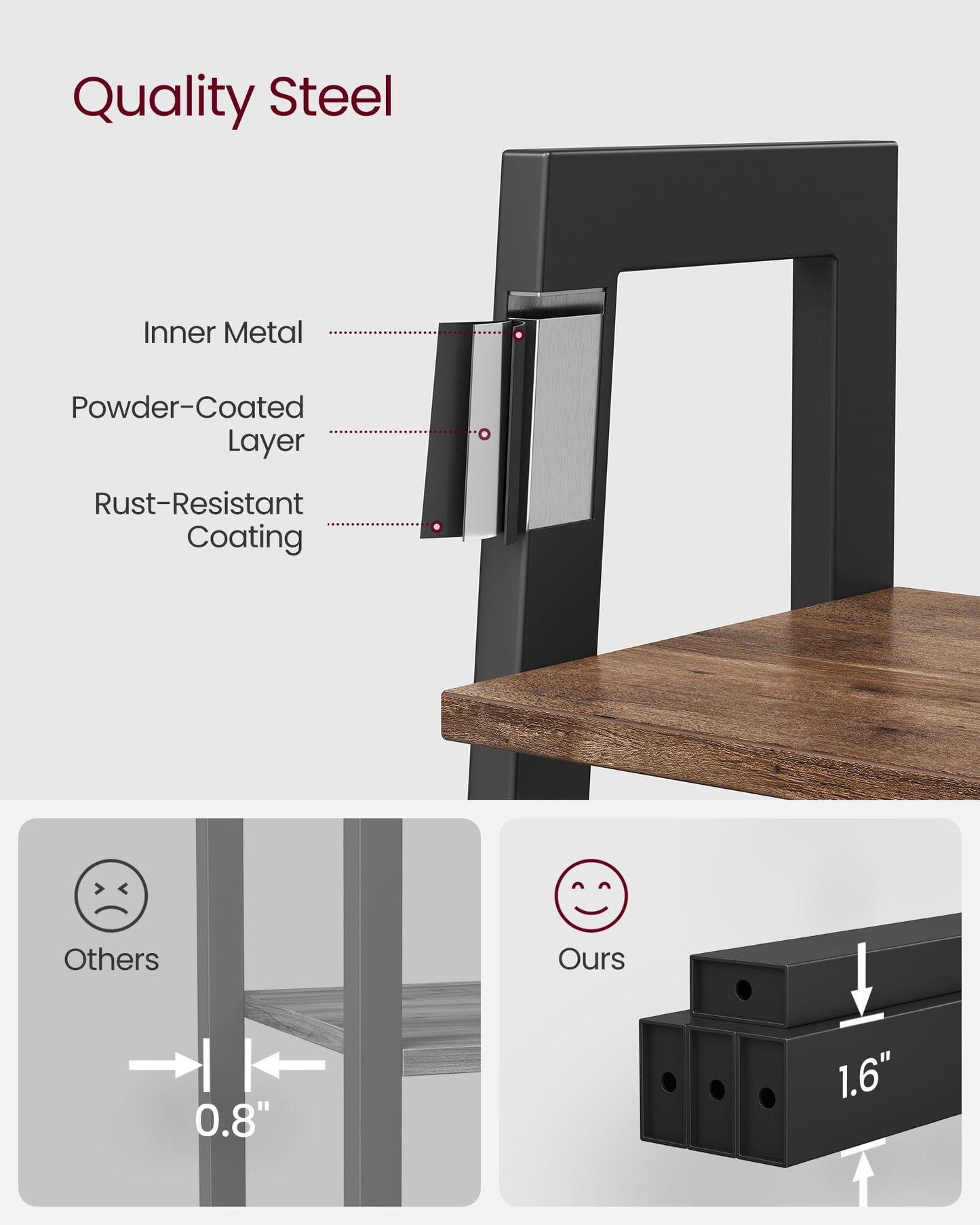 VASAGLE BARNET Collection - Ladder Shelf, Bookshelf, Storage Rack, Modern Bookcase for Living Room Home Office Kitchen, Steel Frame, 4-Tier, 22-Inch Wide, Hazelnut Brown and Ink Black ULLS044B03