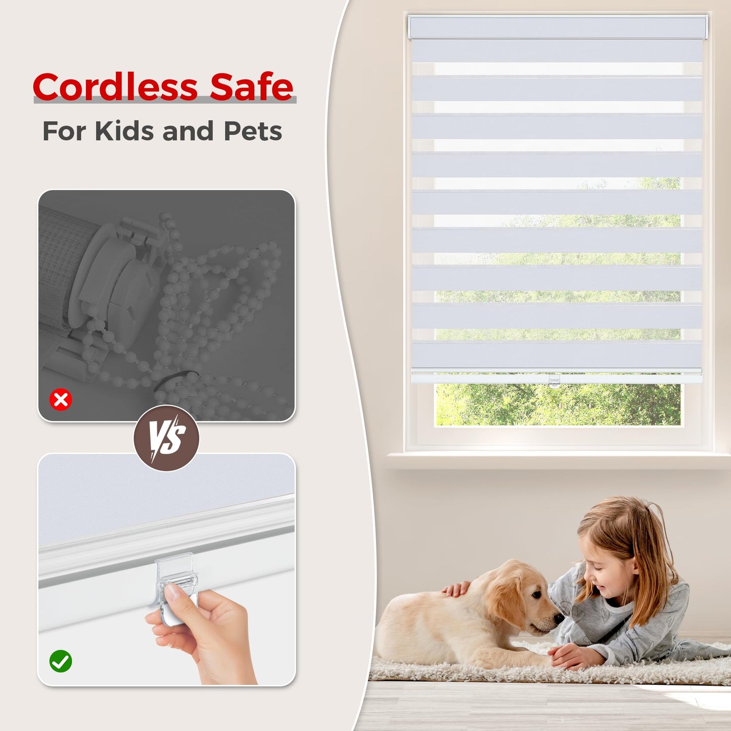 Allesin zen Cordless Zebra Blinds 22" W x 72" H White, Dual Layer Day and Night Shades, Room Darkening Blackout & UV Protection, Child & Pet Safe, Easy Install, Home Office Window Treatment