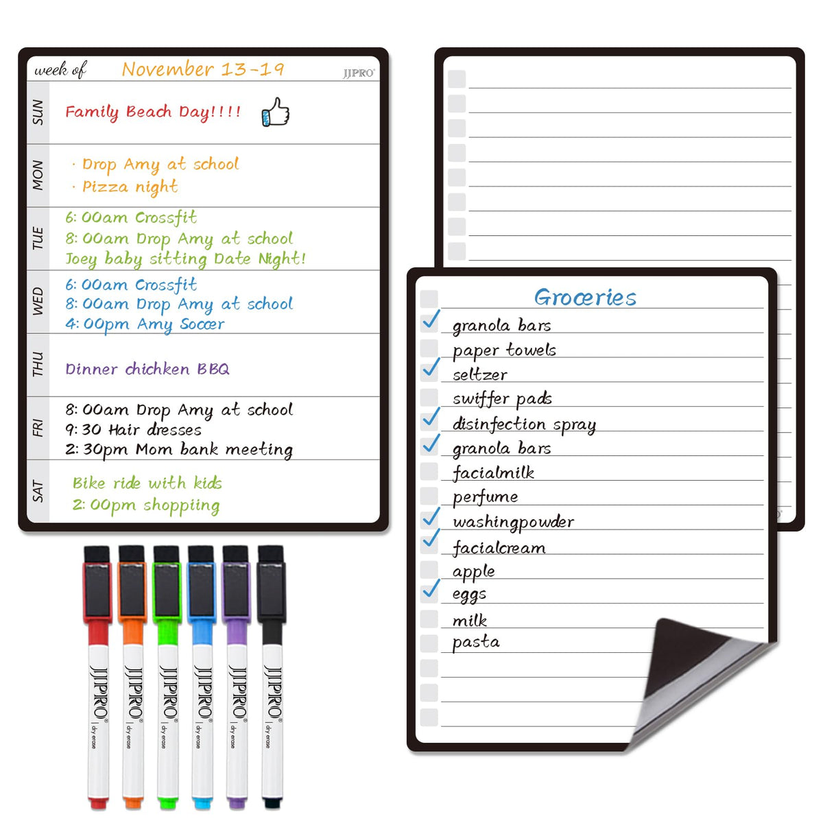 JPRO Magnetic Weekly Calendar and to Do List for Fridge - 8.5" x 6.5" Weekly Meal Planner for Refrigerator and Dry Erase Daily to-Do List -6 Markers Included!