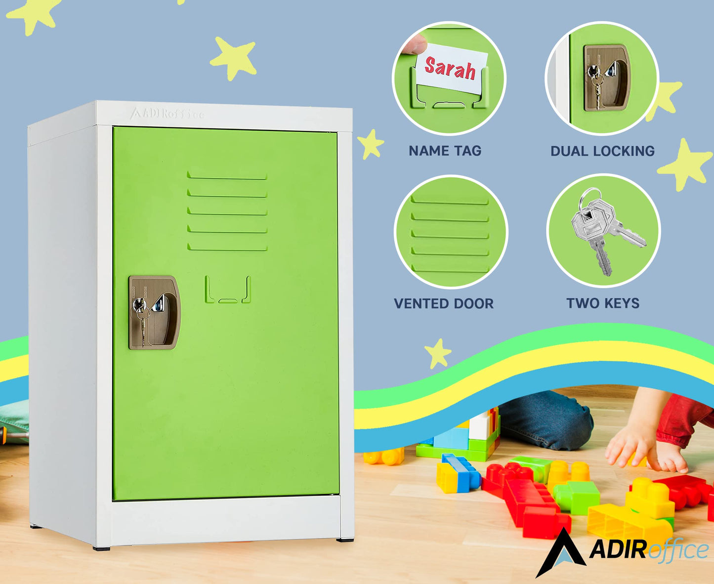AdirOffice Kids Storage Locker Organizer - Metal Storage Cabinet with Key & Hanging Rods - Ideal for Toy Storage Box & School Lockable Storage Cabinet- (24 in 1 Door, Green)