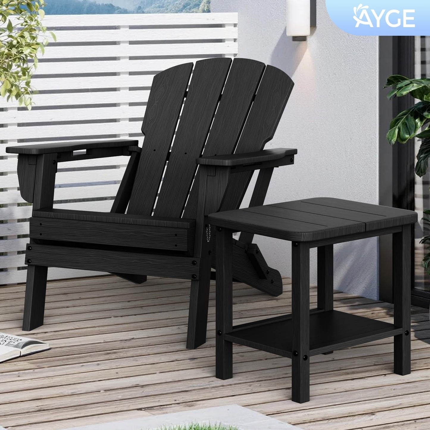 Ayge 17.7" Double Outdoor Side Table, Rectangular HDPE Adirondack End Table for Patio, Lawn, Pool, Garden, Backyard，Black