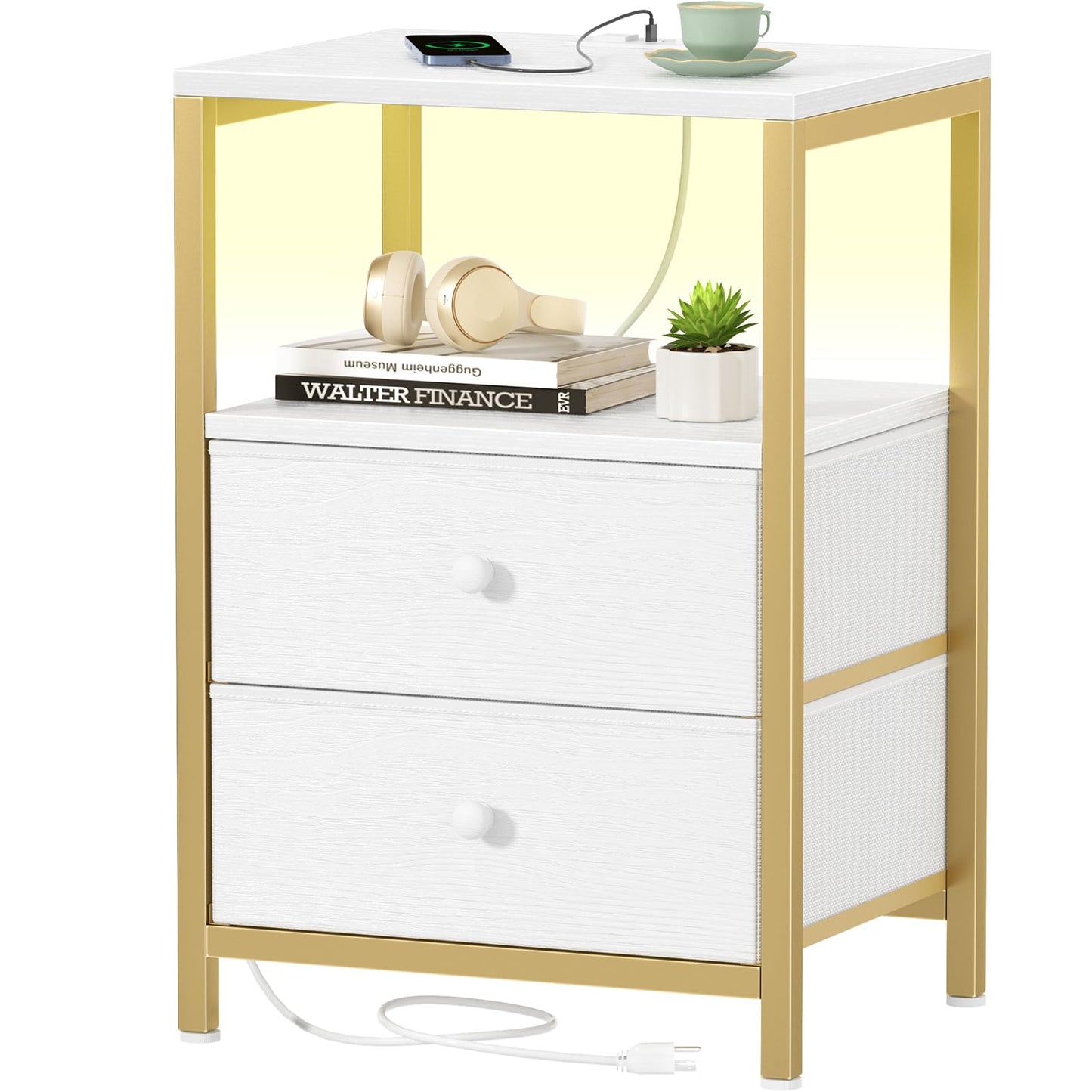 BOLUO Nightstand with Charging Station, LED Night Stand with 2 Fabric Drawers, Bedside Table with USB Ports and Outlets, Nightstand for Bedroom Modern