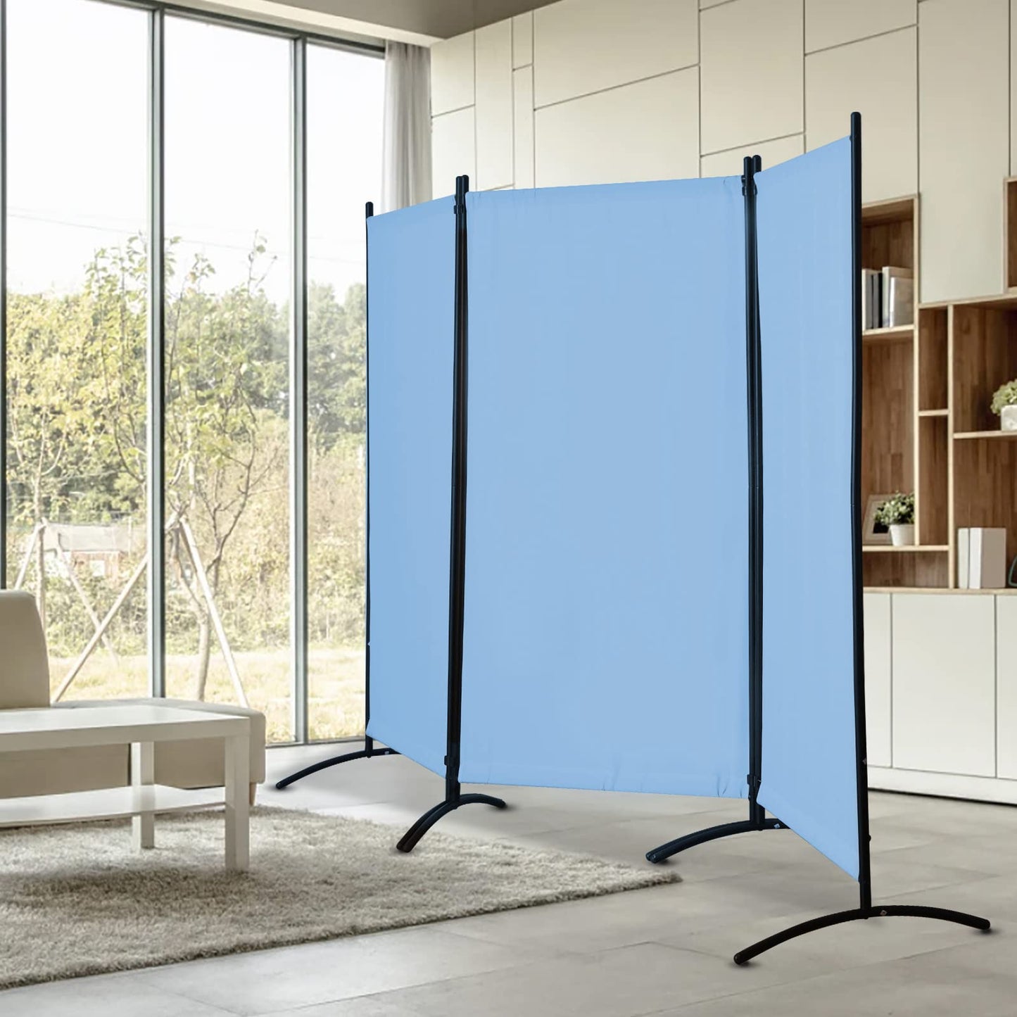 Grezone Large Folding Panel Portable Stand Room dividers Privacy Screen for Bedroom Dining Room Screens Curtains Partition Home Office Dorm Separation (Blue, Three Panel)