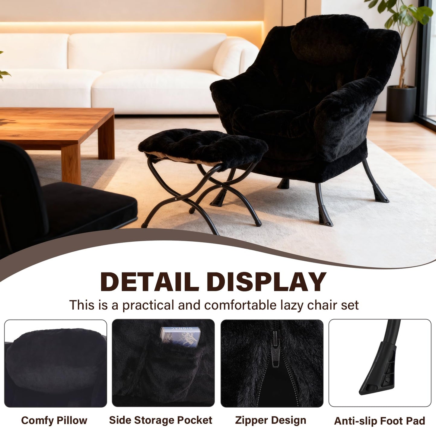 SESHINELL Lazy Chair with Ottoman, Modern Accent Chair Sofa Chair with Armrests, Reading Chair and Folding Footstool for Living Room, Bedroom, Office, Plush Black