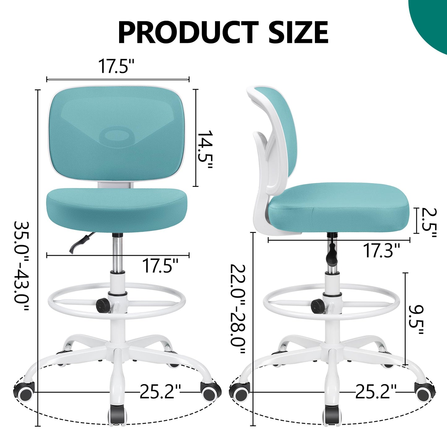 Primy Armless Tall Desk Chair, Adjustable Height and Footring, Low-Back Ergonomic Standing Desk Chair Mesh Rolling Tall Chair for Art Room, Office or Home (Teal)