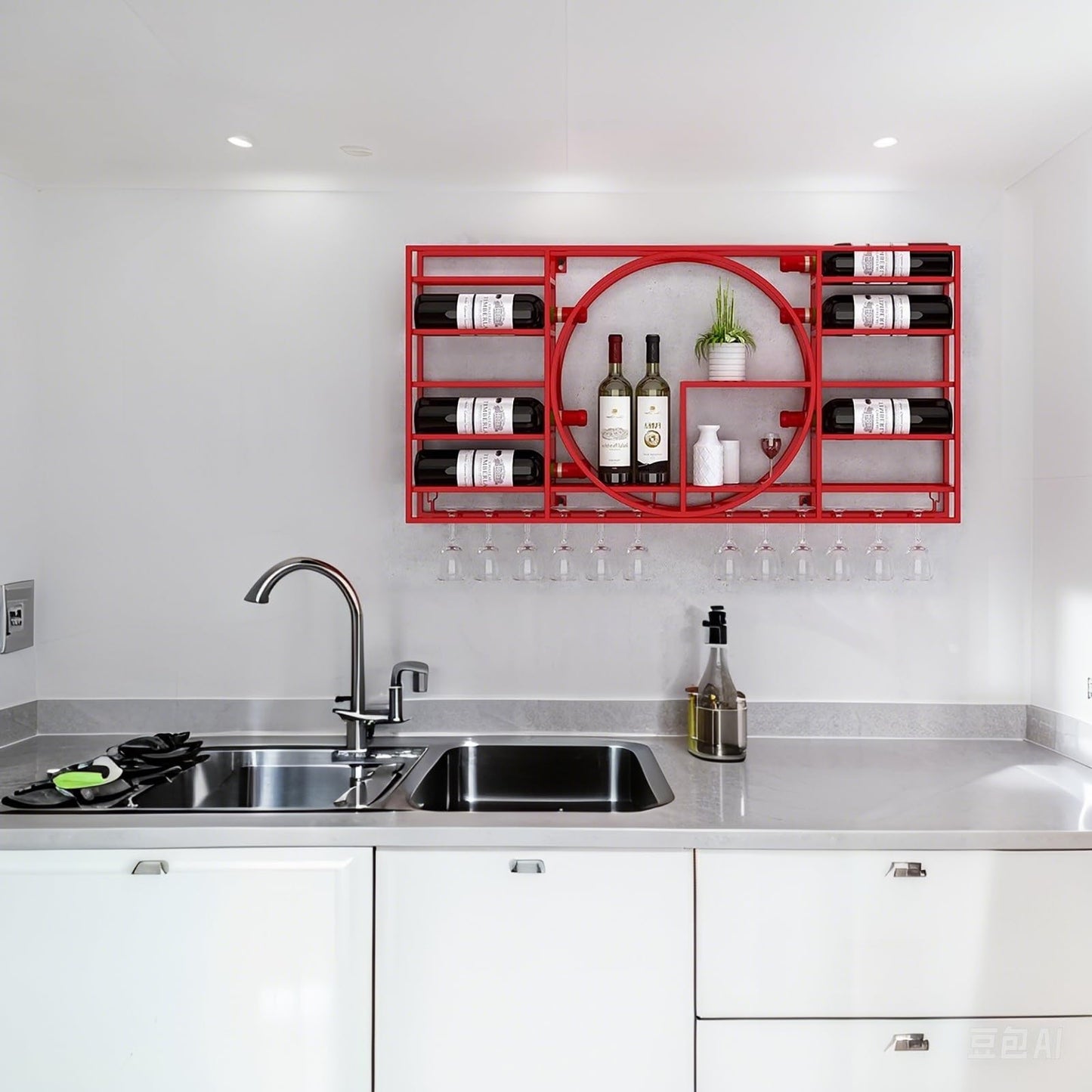 Stylish Industrial Wall Mounted Wine Rack with Floating Shelves & Stemware Hanger - Perfect Wine Storage Solution for Home Bar, Kitchen & Dining Room (Red 47.3"x4.3"x28.3")