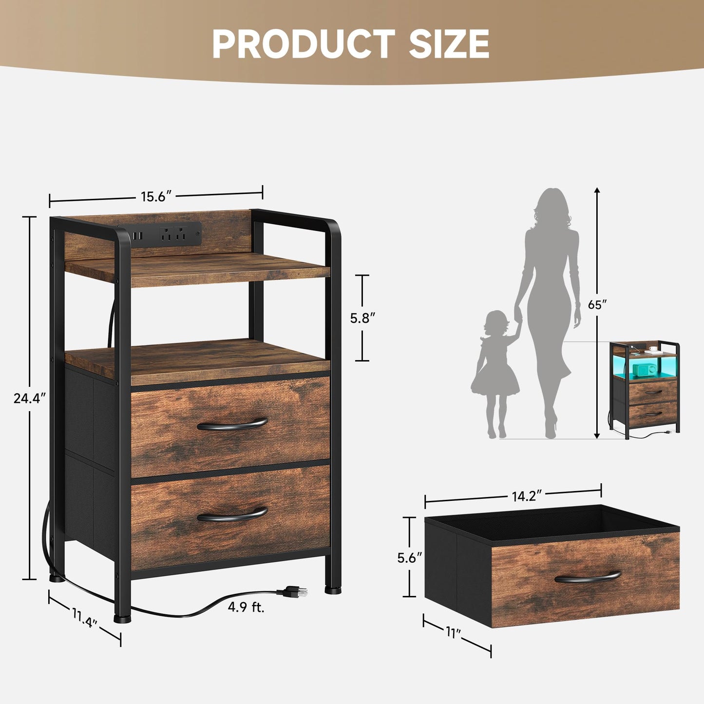 Lazzanto Night Stand Bedside Table Bedroom - Nightstand with Charging Station, Night Stand with LED Light Strip, End Table with U-S-B Ports & AC Outlets, Storage Shelf & 2 Fabric Drawers, Rustic Brown