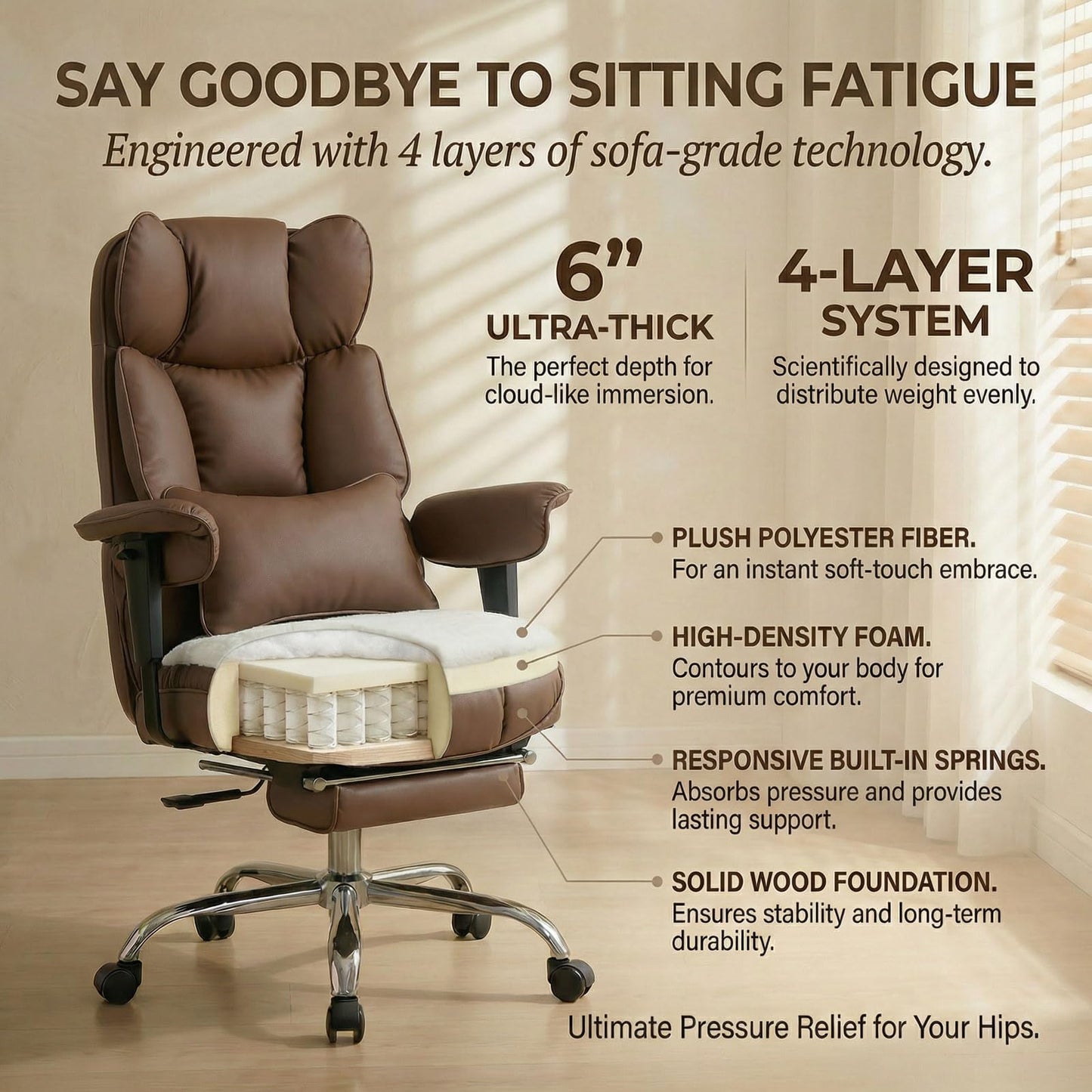 Efomao Big and Tall Office Chair 400lbs - Heavy Duty Reclining Desk Chair with Footrest, Spacious High Back PU Leather Executive Office Chair, Double-Layer Spring Support, Brown